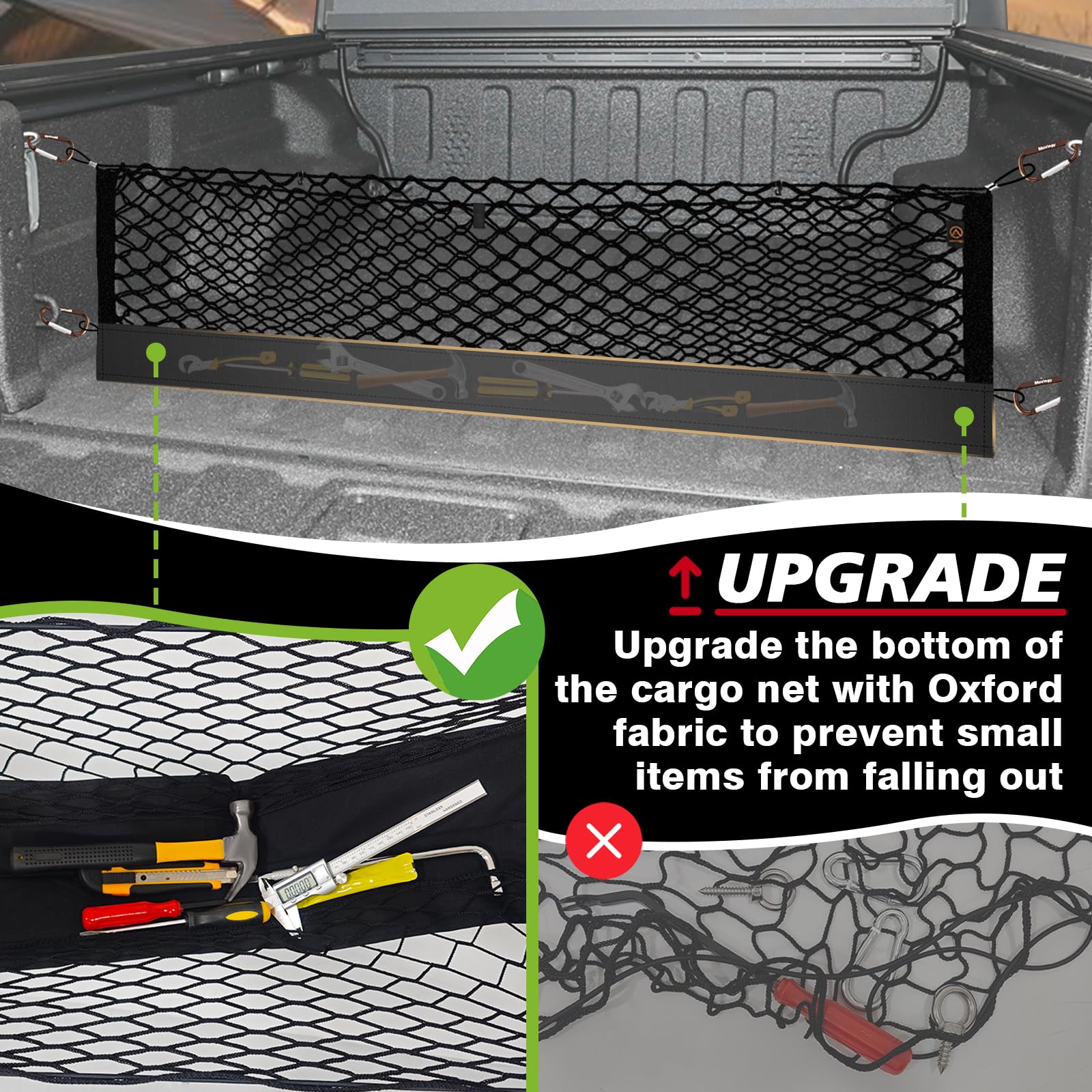 Muslogy Truck Bed Cargo Net for Jeep Gladiator 2020-2025, Black, Heavy Duty Carabiners, Envelope Style, Model MUS-CARGO NET-13