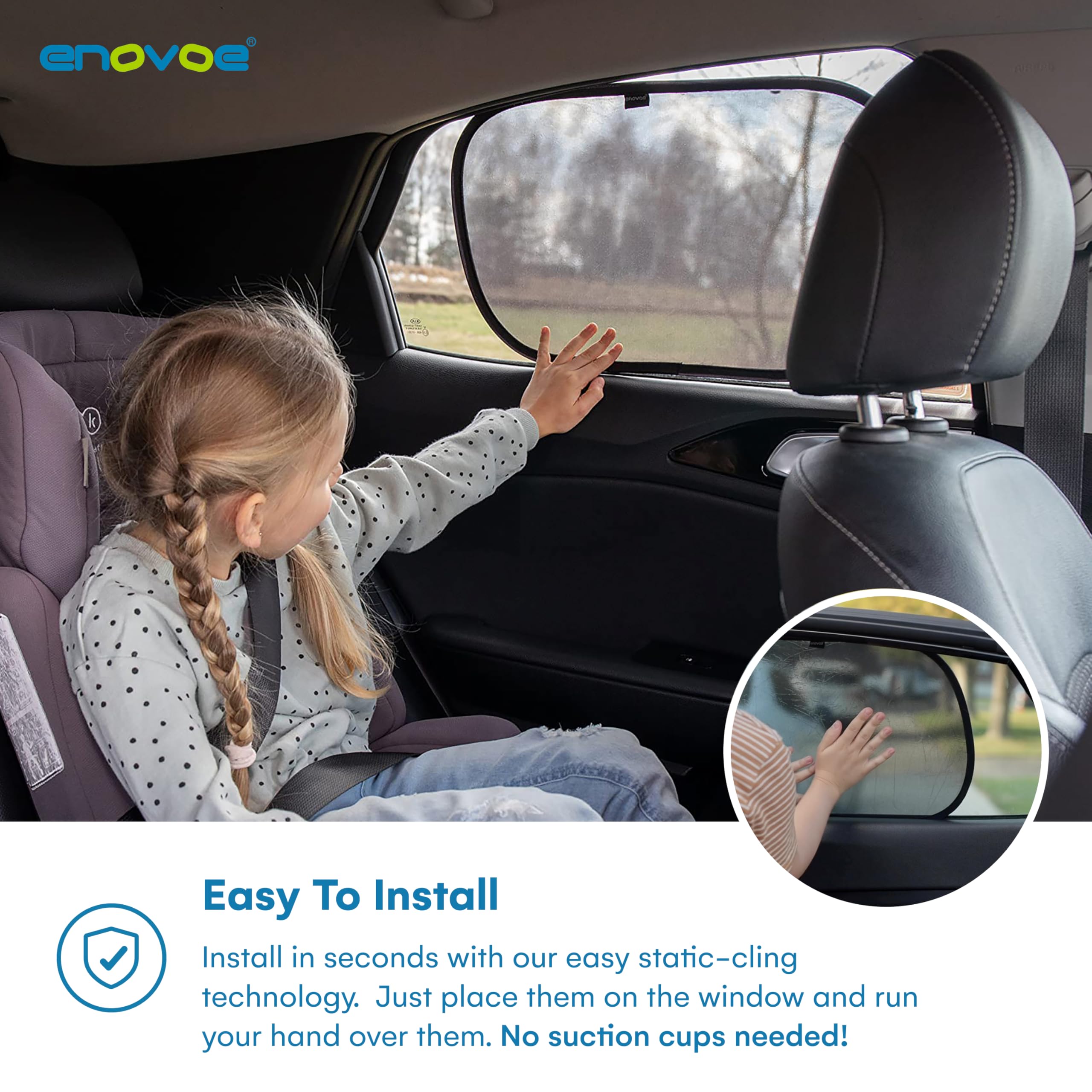 Enovoe Car Window Shade - 2 Pack, 19"x12", Black Fabric, UV Protection for Kids, Easy to Install