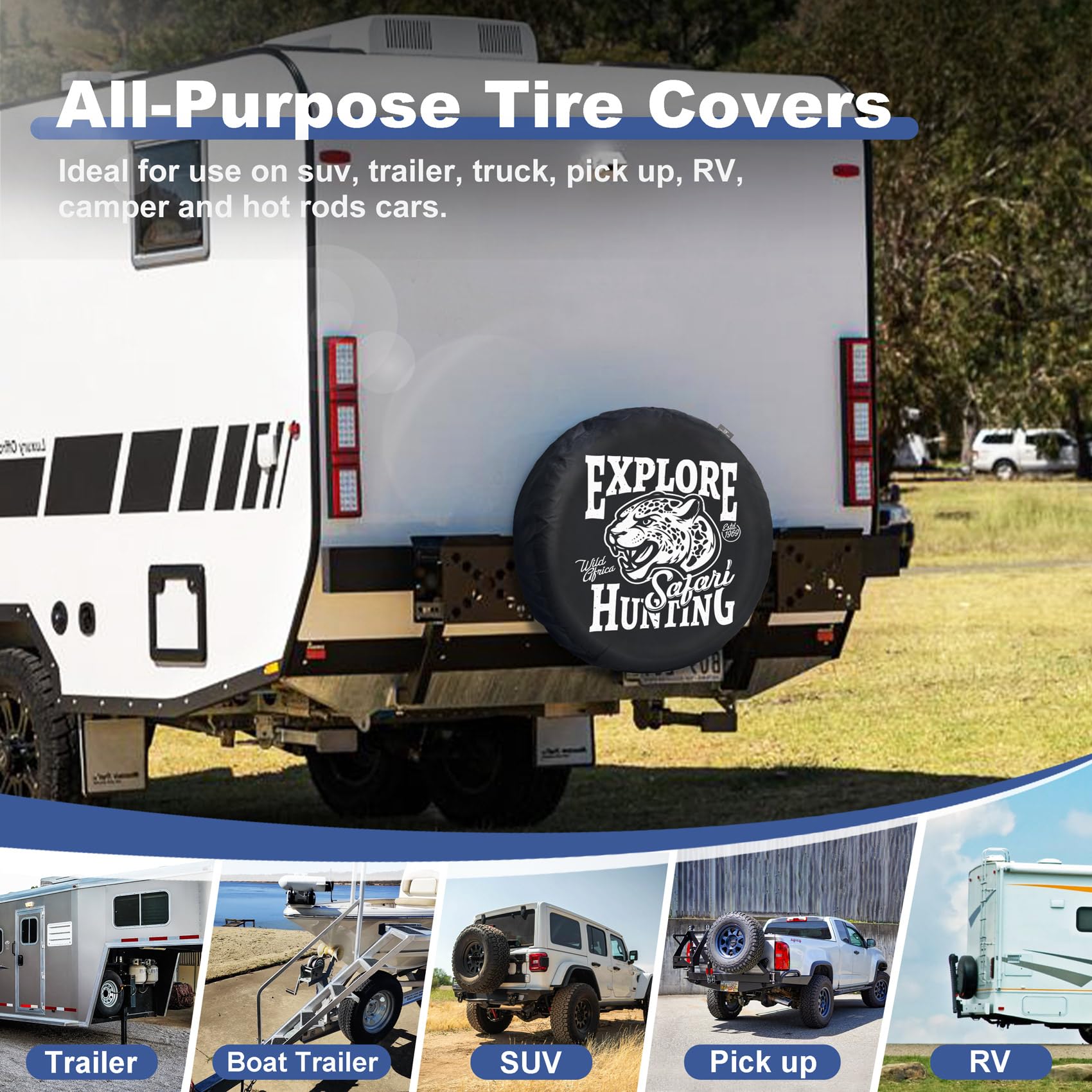 Explore Land 26-27.75 inch Spare Tire Cover Fit Trailer, RV, SUV, Truck, Tough Tire Wheel Soft Cover, Panther