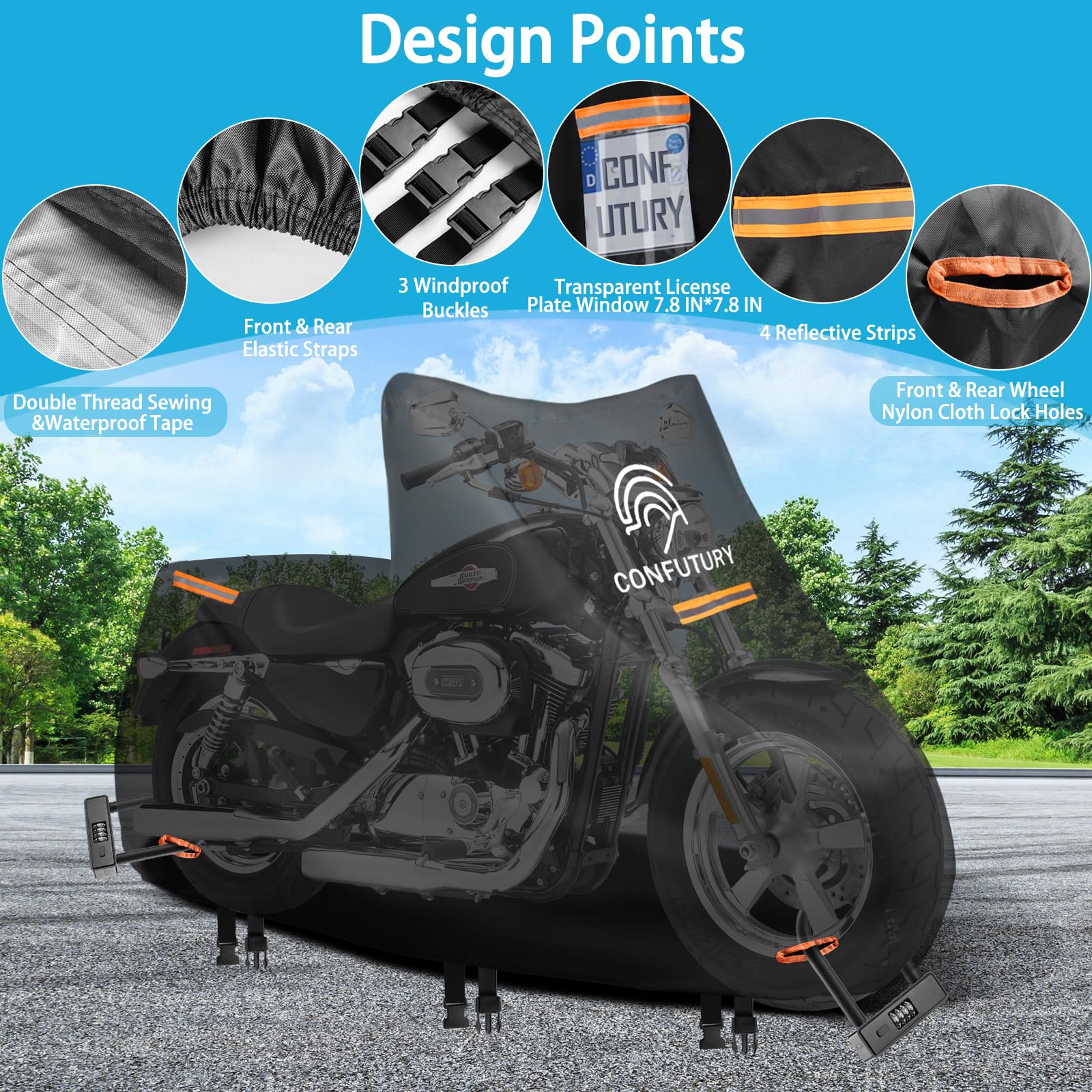 Motorcycle Covers Waterproof Outdoor Storage,600D Nano Oxford Fabric with License Plate Window,4 Reflective Strips,2 Locking Hol