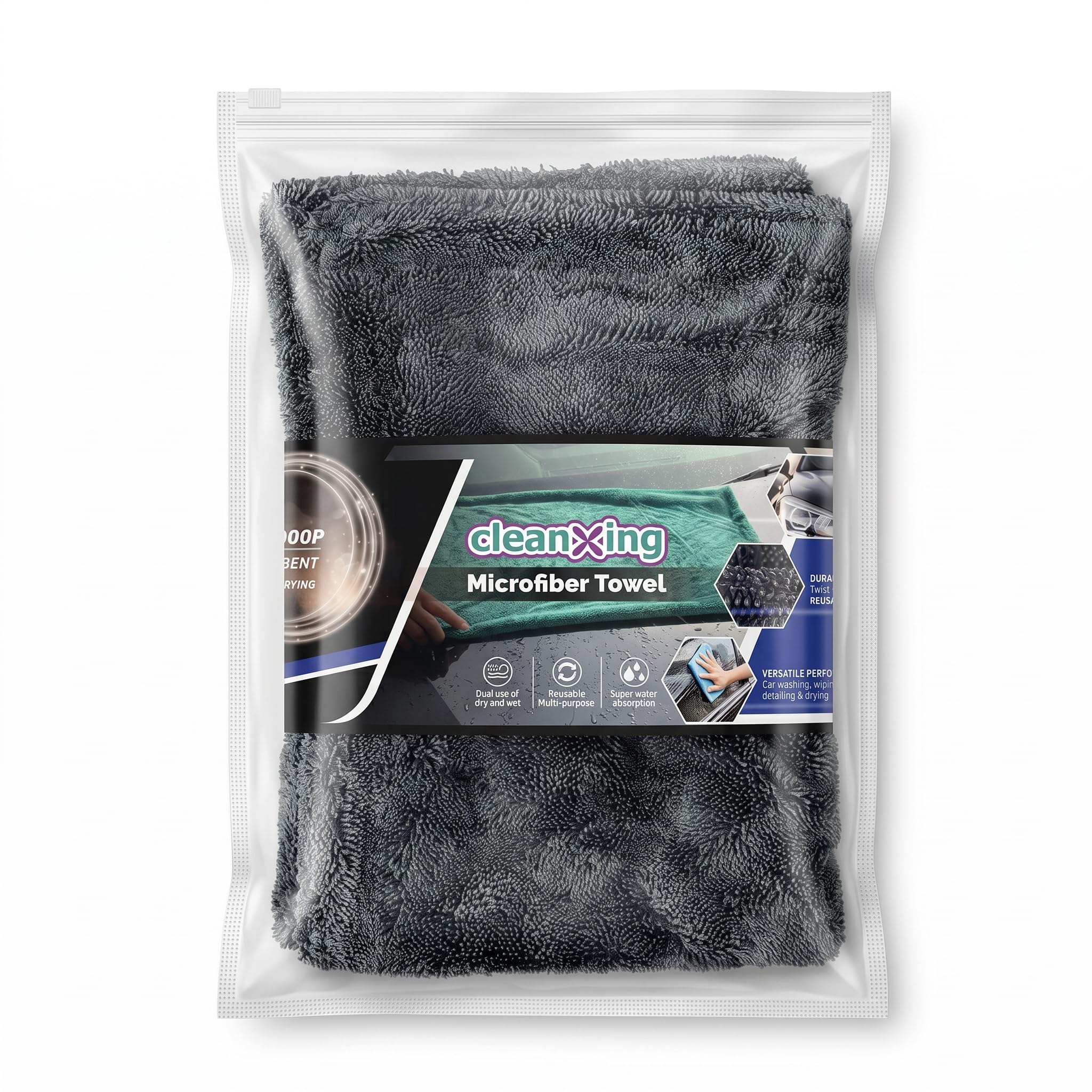 CleanXing 1200 GSM Microfiber Cleaning Cloth for Car (40x60cm) | Ultra Thick Twisted Loop Dual Sided Towel | LintFree Super Abs