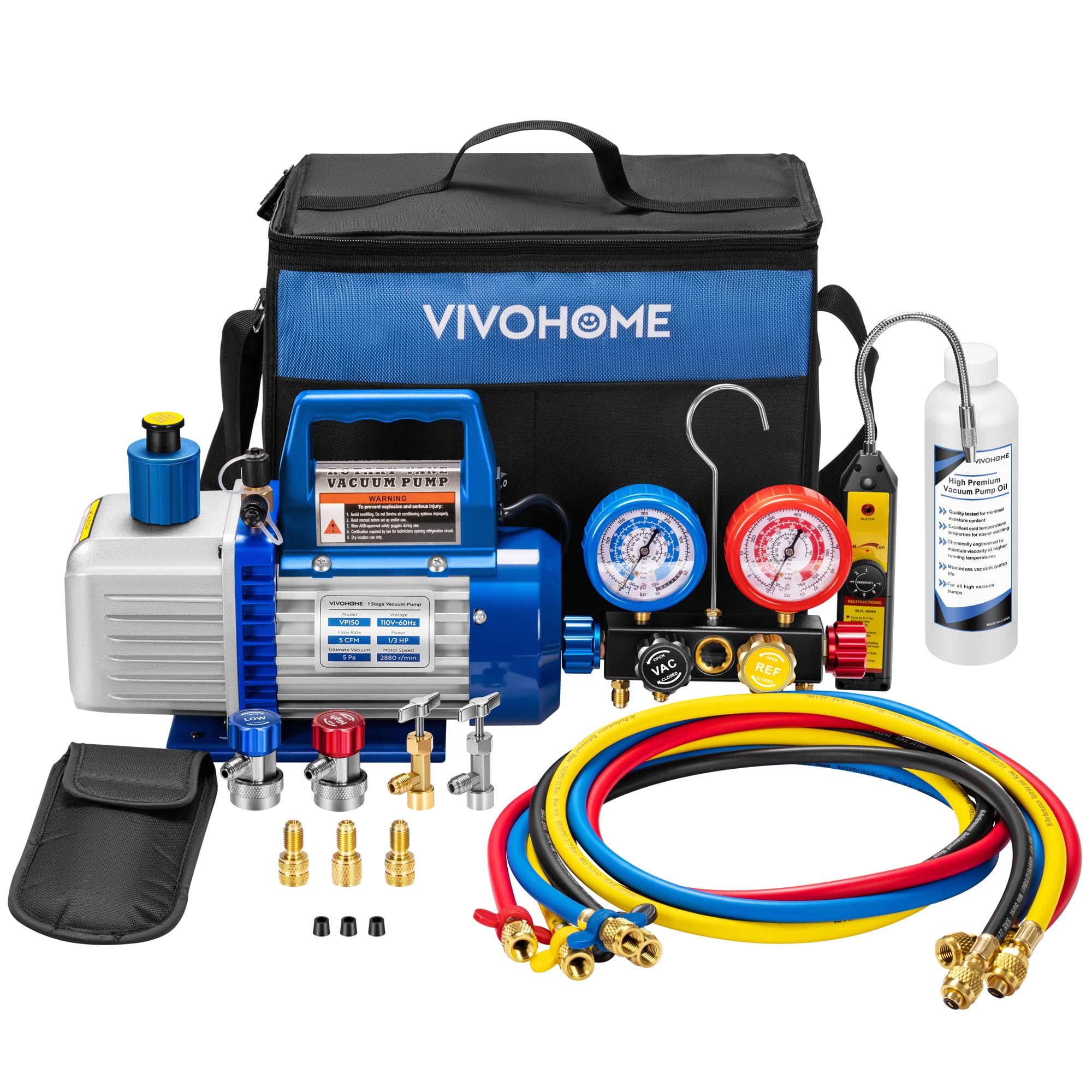 VIVOHOME Upgraded 5CFM 1/3 HP 1-Stage HVAC Vacuum Pump and 4 Way AC Manifold Gauge Set with Leak Detector 5ft Hoses for R134a R1