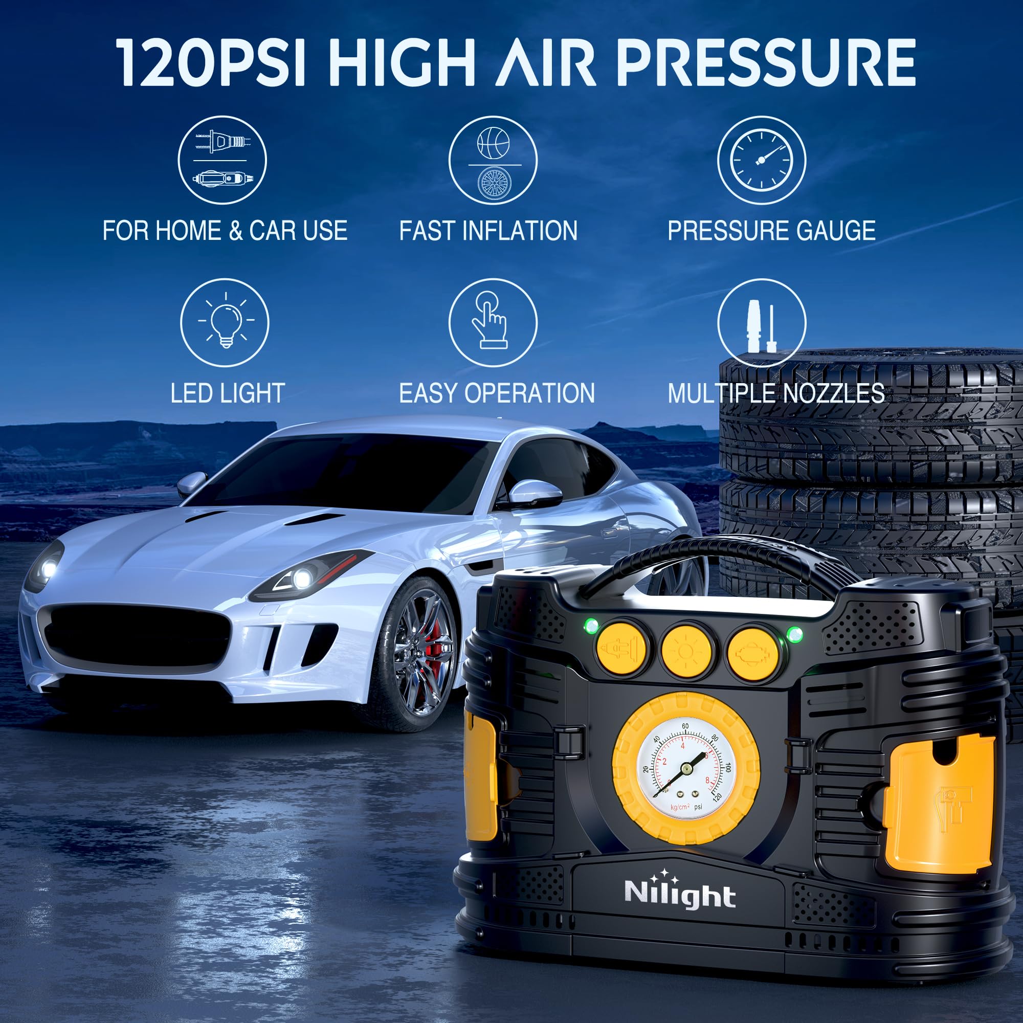 Nilight Tire Inflator Portable Air Compressor Dual Power For Car 12V Dc Home 110V Ac Tire Pump W/Analog Pressure Gauge Fast Infl