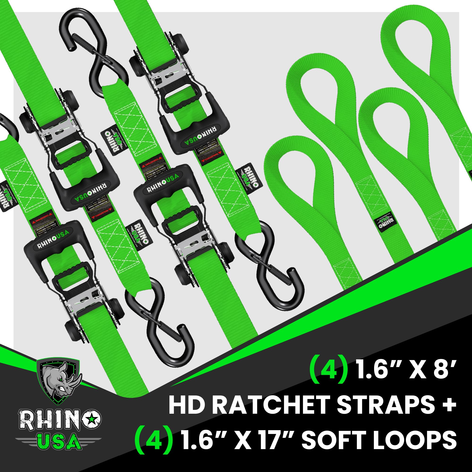 Rhino Usa Ratchet Straps Heavy Duty Kit (4-Pack) - 1.6 Inch X 8 Feet (5,208Lb Break Strength) - Ultimate Tie Down Straps With Sa