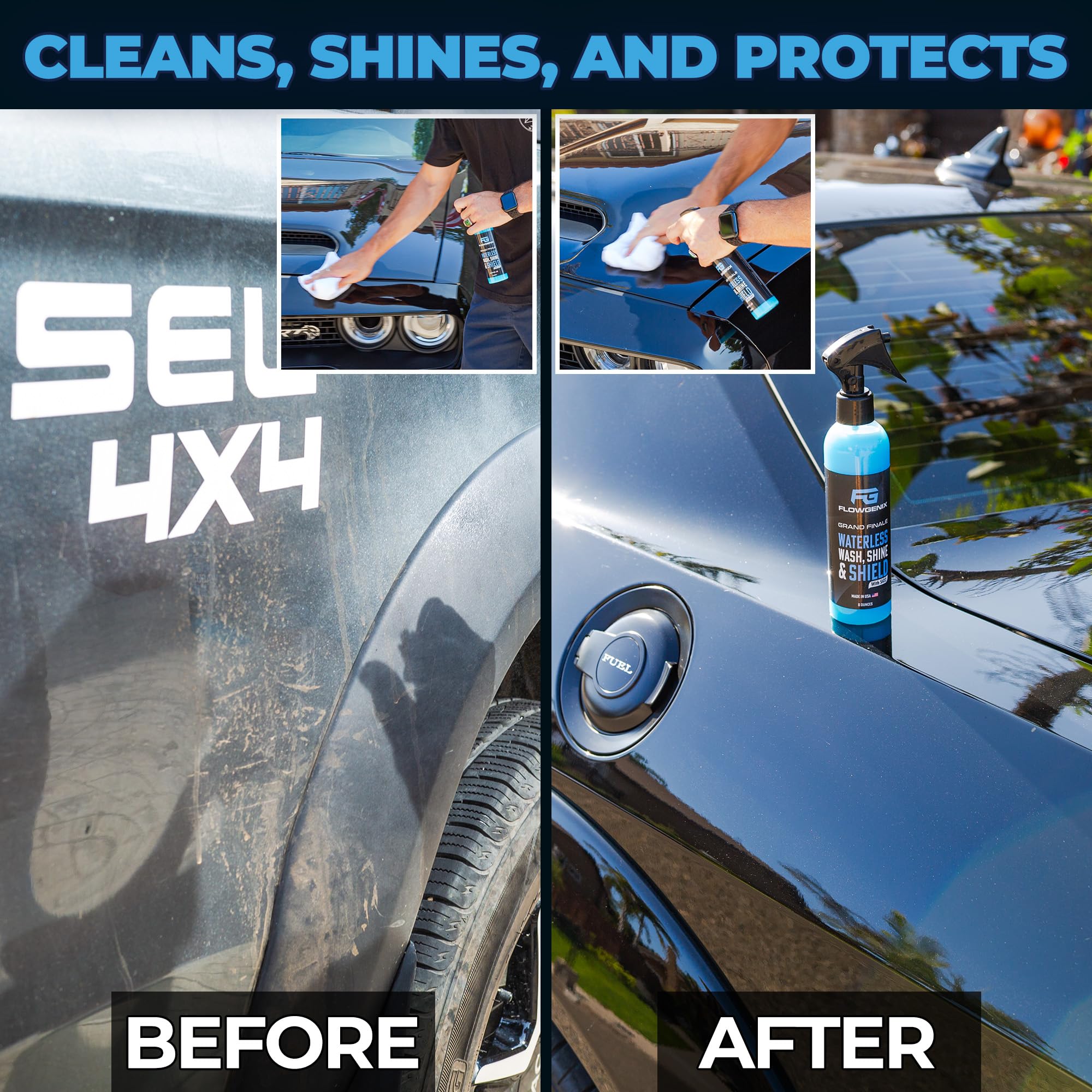 Flowgenix™ Waterless Car Wash Spray - Grand Finale - Motorcycle Cleaner & Car Wax Polish - Ceramic Coating - Incl. 2 Microfiber Towels - Best Cleaner & Quick Detailer To Make Your Car Shine (3-Pack)