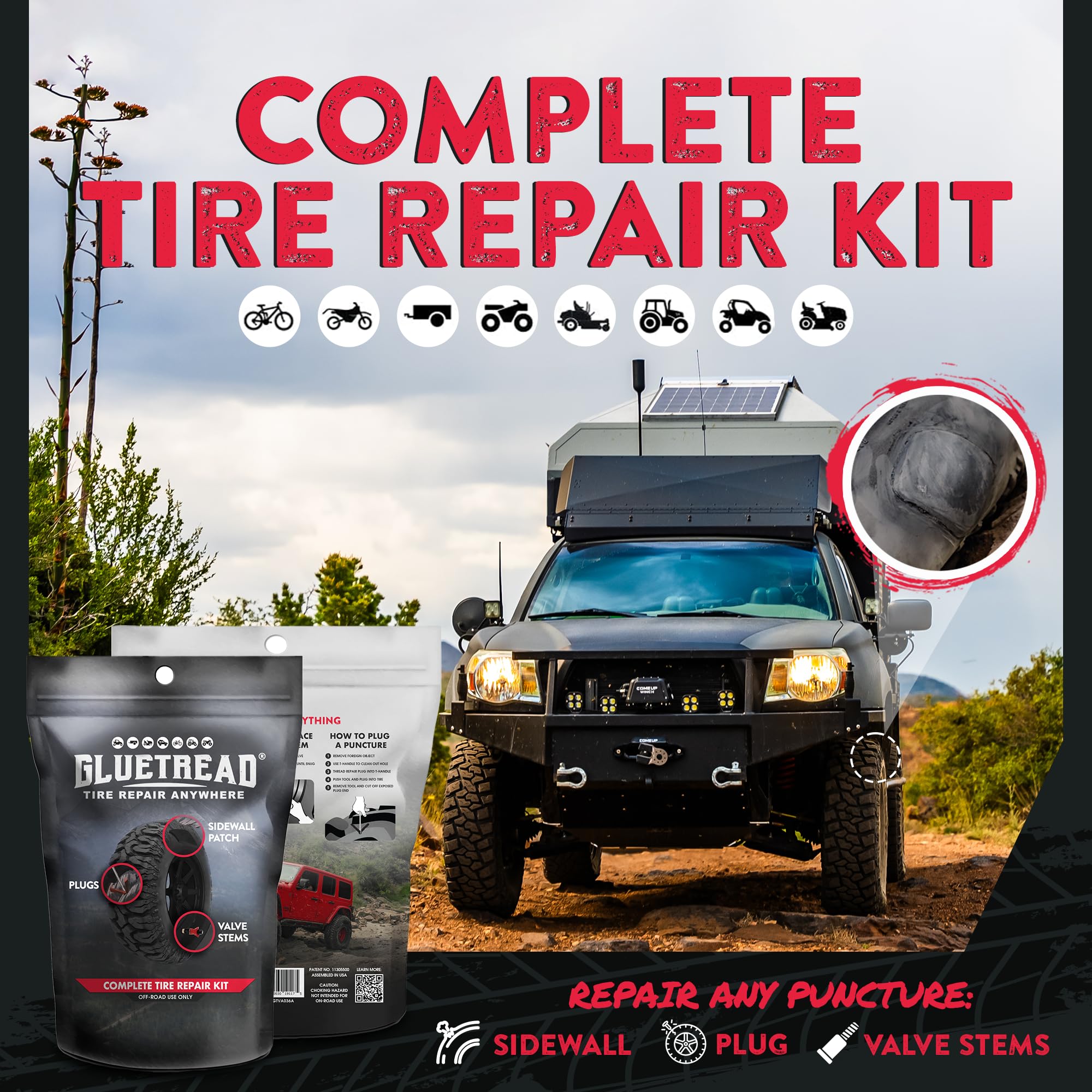 GLUETREAD Complete Off-Road Tire Repair Kit | Includes Patches, Plugs & Colby Valve Stem | Fast Curing in 10 Minutes | Model GTVA036A