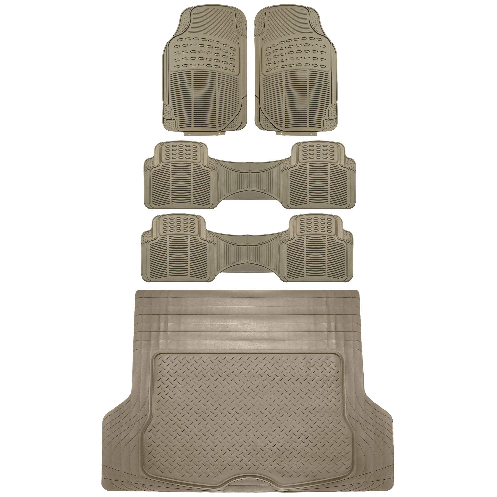 Fh Group Trimmable Non-Slip Rubber Floor Mats 3 Row Set - Universal Fit For Cars Trucks And Suvs (Beige) F11305 + F16400