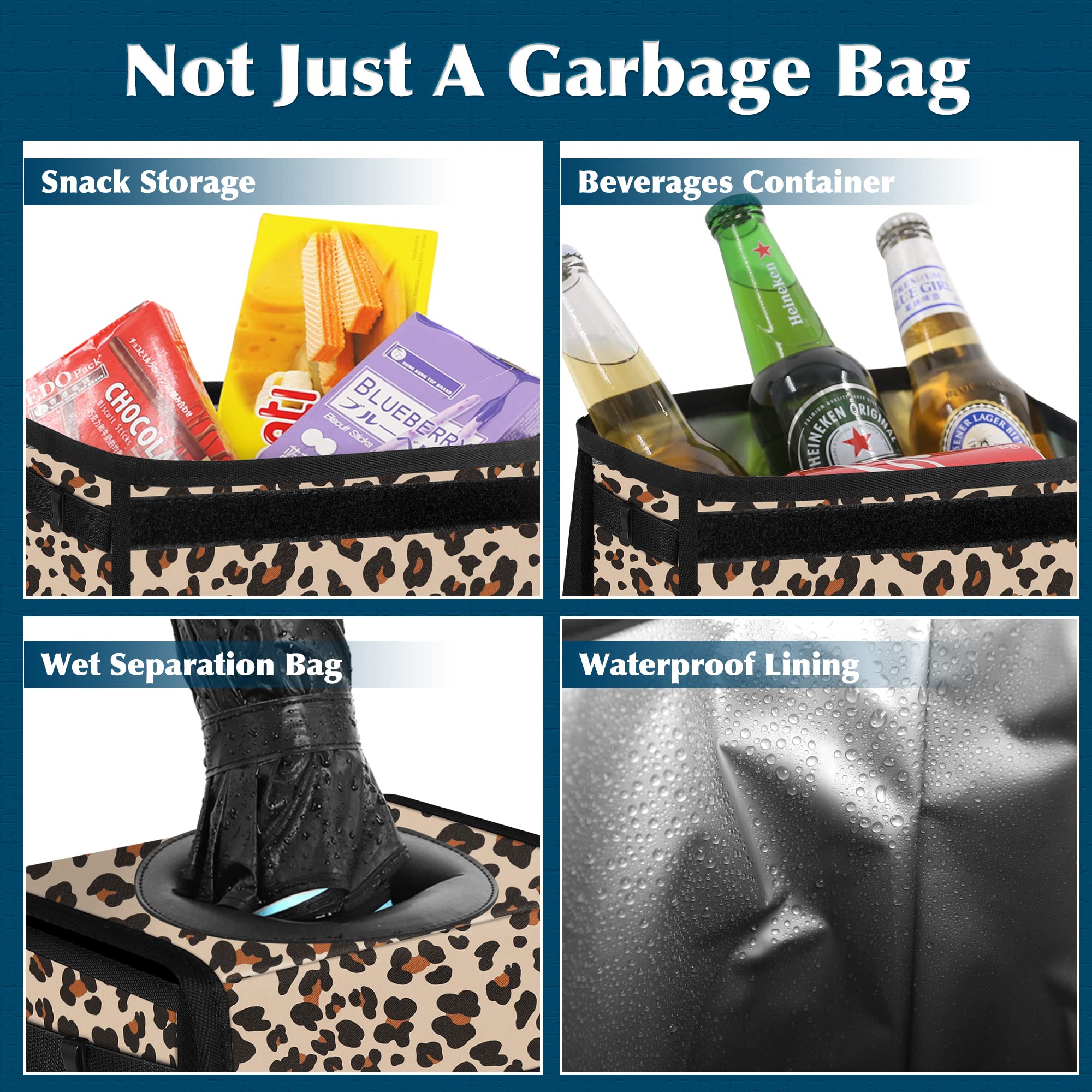 Femuar Car Trash Can - Leak Proof, Waterproof, 2.25 Gallons, Leopard Print, Collapsible, Portable for SUV Front Seat, Mesh Pocket