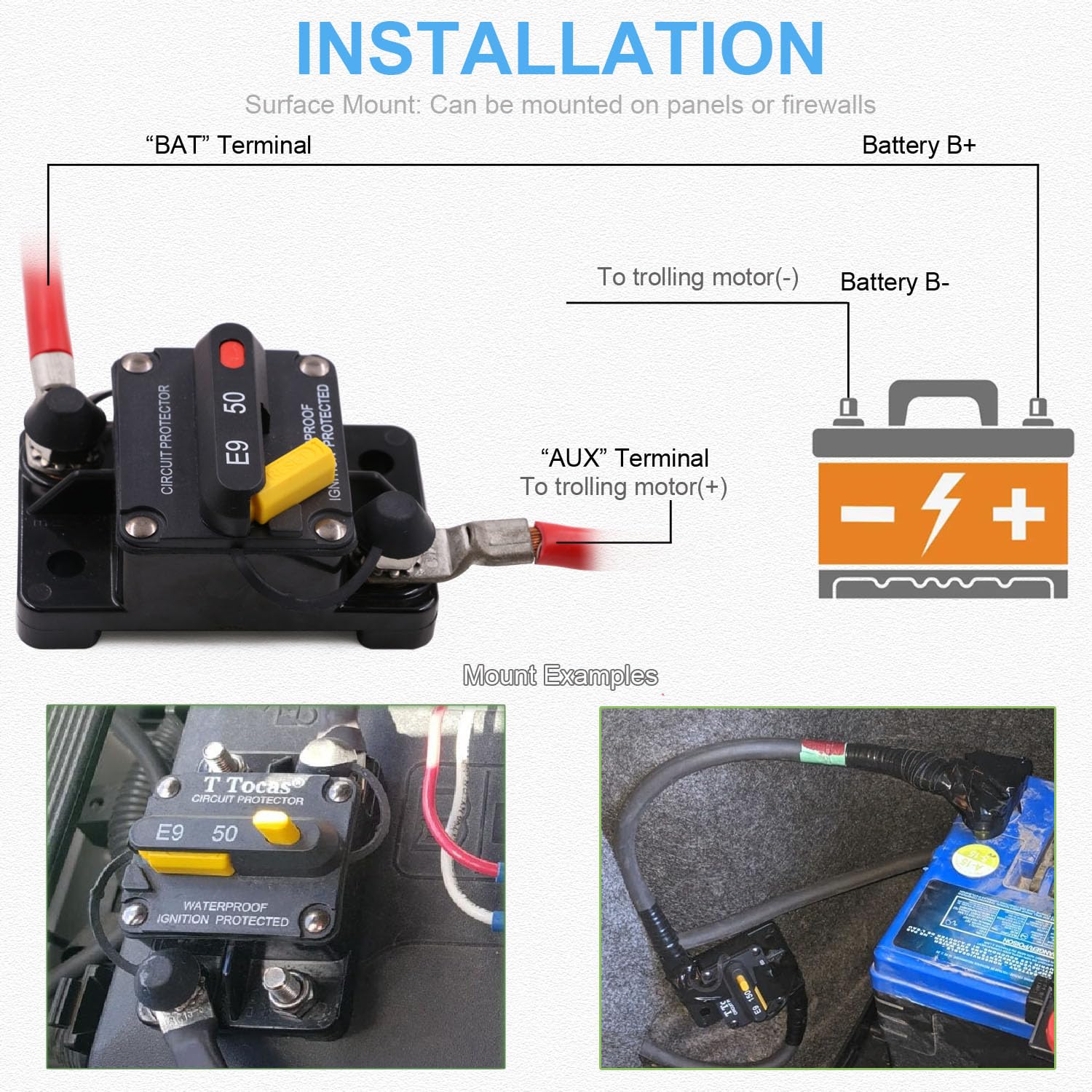 T Tocas 60A Circuit Breaker T3 Manual Reset, Waterproof, Surface Mount-Recessed Button, 12V-48V DC