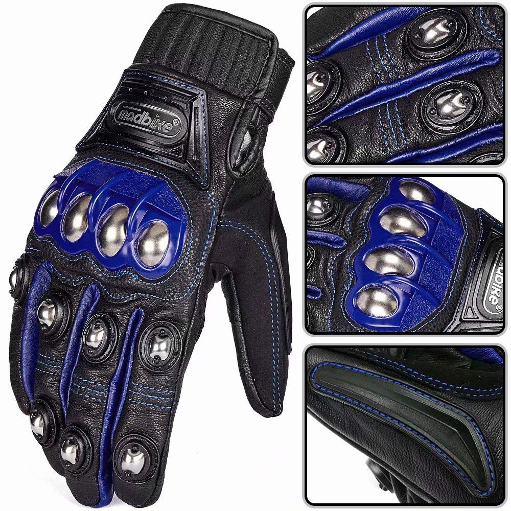Ilm Alloy Steel Leather Hard Knuckle Touchscreen Motorcycle Bicycle Motorbike Powersports Racing Gloves (Xxl, (Leather) Blue) Model 10Cl