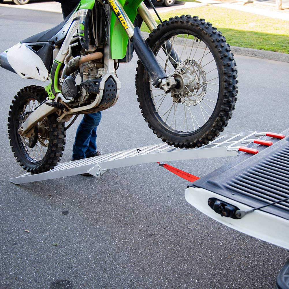 Pit Posse PP2755 Aluminum Folding Truck Ramp - 7.5ft, 750lbs Capacity, Silver, Includes Bonus Strap Tie-Down for Motorcycle Loading