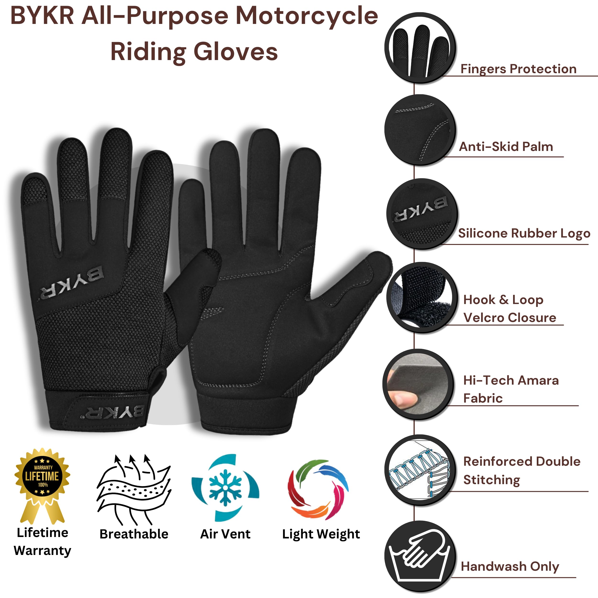 Bykr All-Weather Motorcycle Gloves For Men & Women - Protection For Dirt Bike, Bmx, Mx, And Atv Riding - Black S