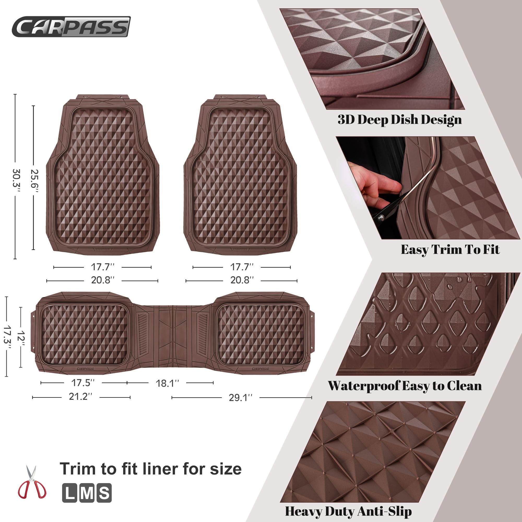 CAR PASS Heavy Duty Rubber Car Mats, 3-Piece Set, All-Weather, Anti-Slip, Brown, Universal Fit for Sedan, SUV, Truck, Model JD777