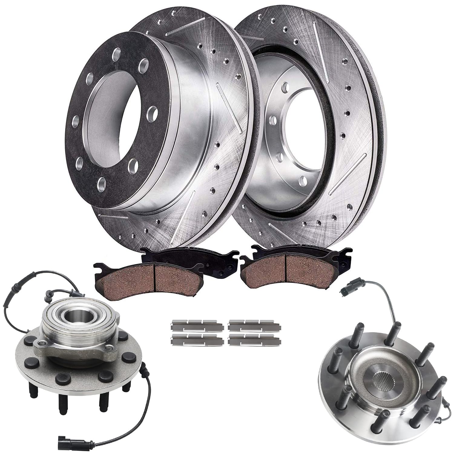 Detroit Axle - 4WD Front Wheel Bearing Hubs Brake Kit for 2006-2008 Dodge Ram 2500 3500 [8 Lugs], Drilled Slotted Brake Rotors B