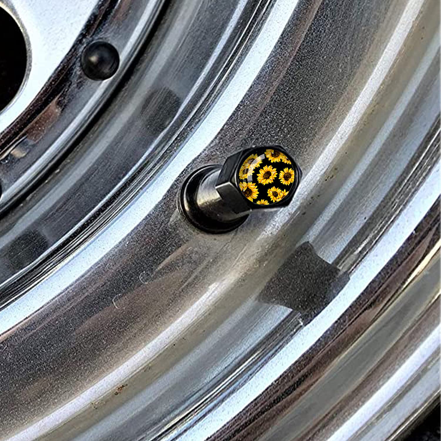 Metal Car Wheel Tire Valve Stem Caps 4 Pack Cool Sunflowers Pattern Aluminum Car Tire Air Valve Caps For Cars, Trucks, Bikes, Mo
