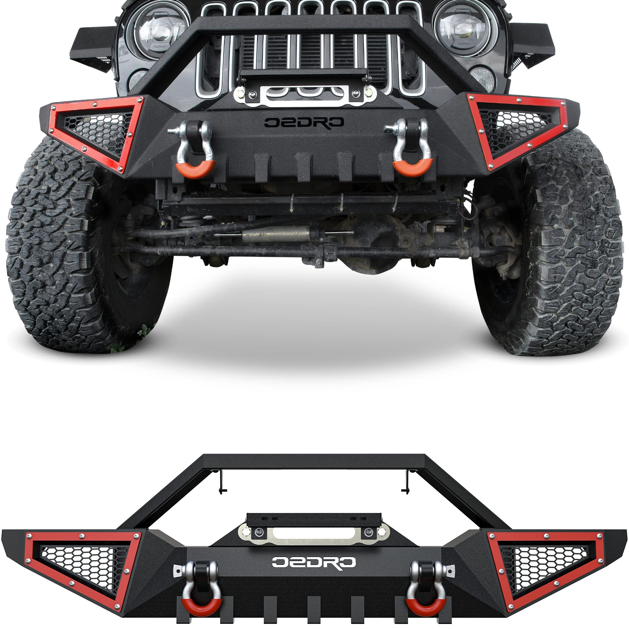 OEDRO Front Bumper for 2007-2025 Jeep Wrangler JK/JL/JT, Carbon Steel, Red, Full Width with Winch Plate & D-Rings