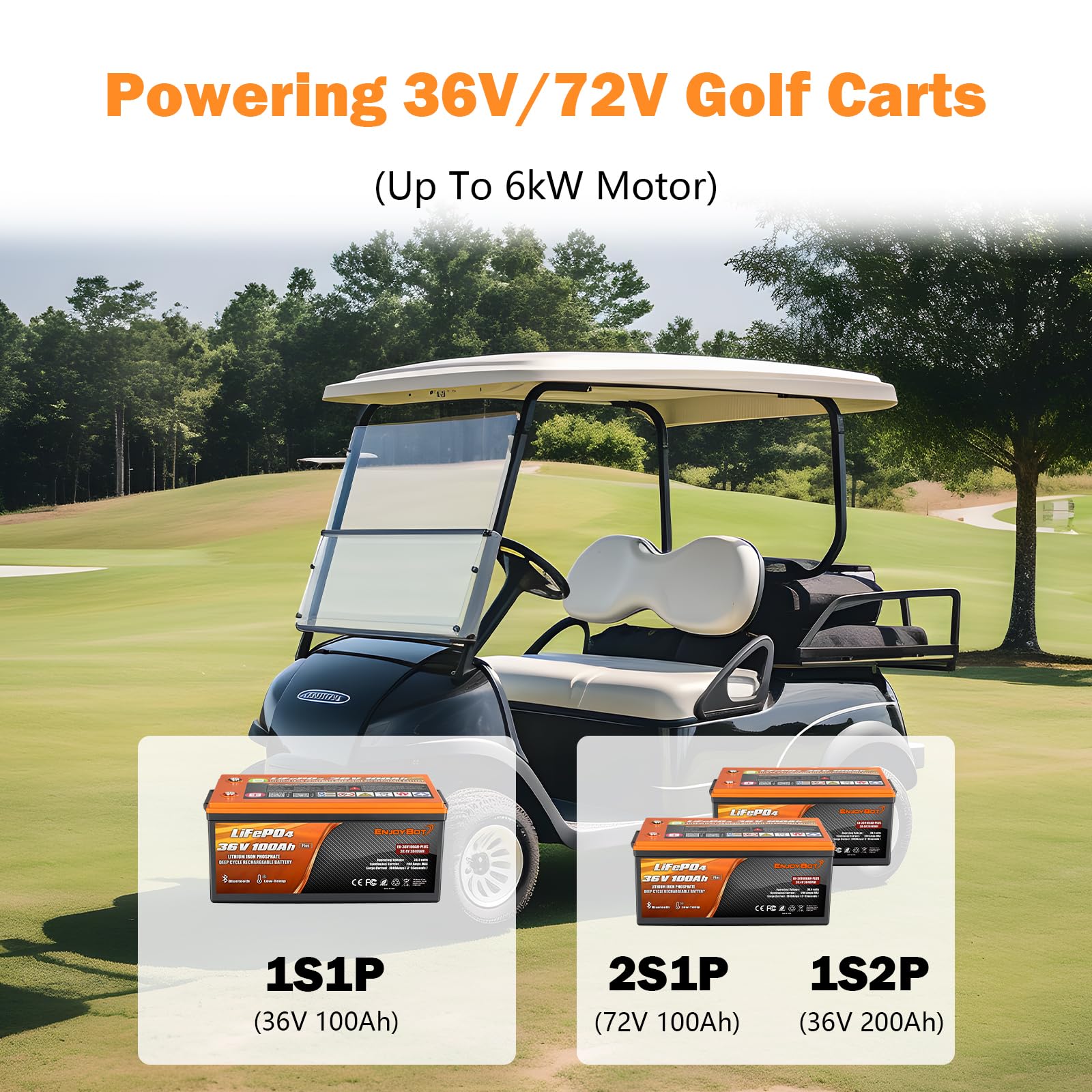Enjoybot 36V 100Ah Plus LiFePO4 Lithium Battery with 200A BMS, Bluetooth, 2 Series Support, Low Temp Cut-Off, Ideal for Golf Cart/RV