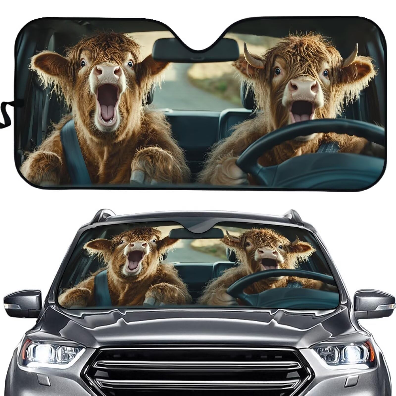 Suhoaziia Cow Driving Windshield Sun Shade, Foldable Car Front Window Sunshade for Most Sedans SUV Truck, Fun Print Sun Visor Wi
