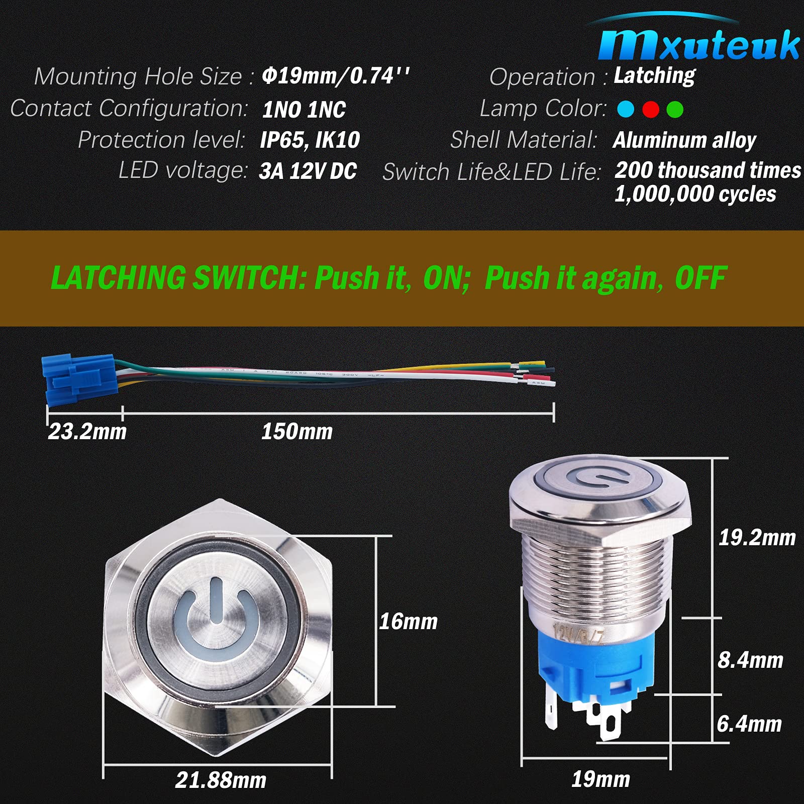 Mxuteuk 19Mm Latching Push Button Switch 1 No 1 Nc Spdt On/Off Silver Stainless Steel Shell With 12V Red Power Symbol Light With