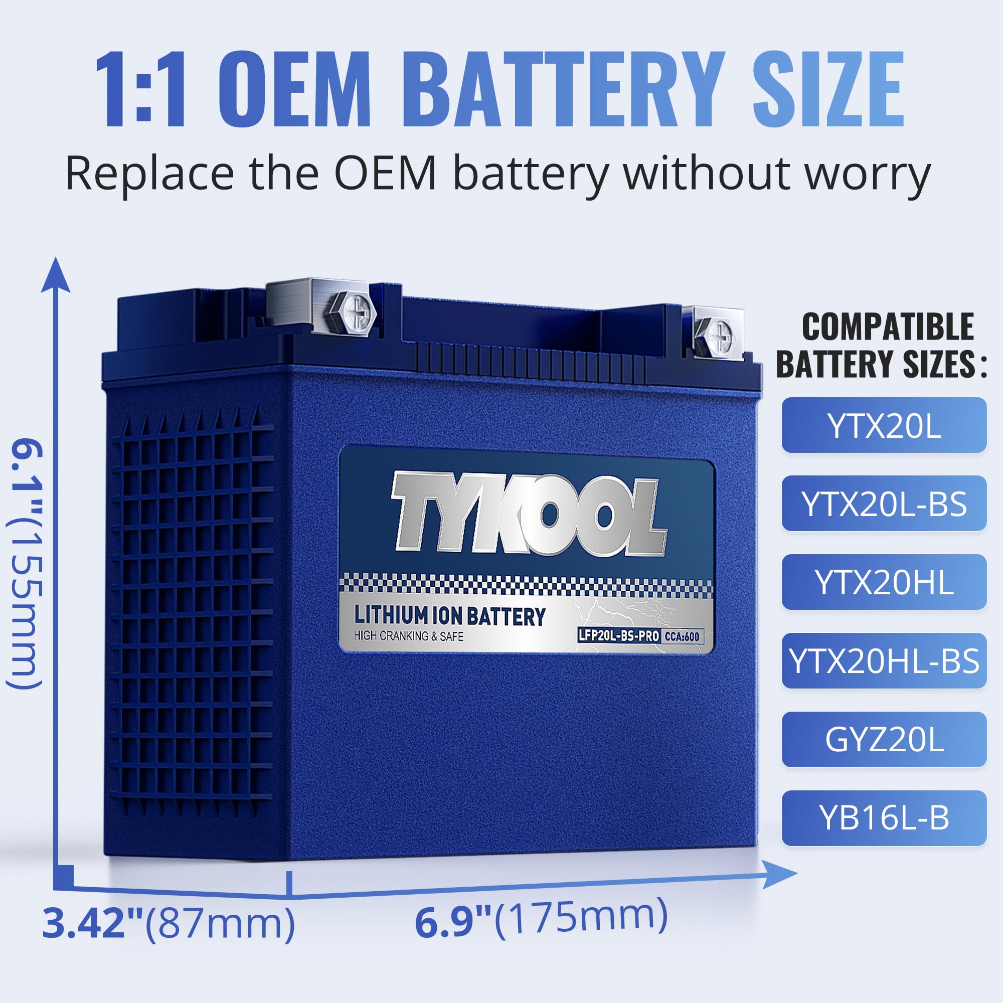 TYKOOL YTX20L-BS Pro Lithium Battery 12V 12Ah 600CCA for Harley Davidson & Can-Am Defender, Model LFP20L-BS-PRO