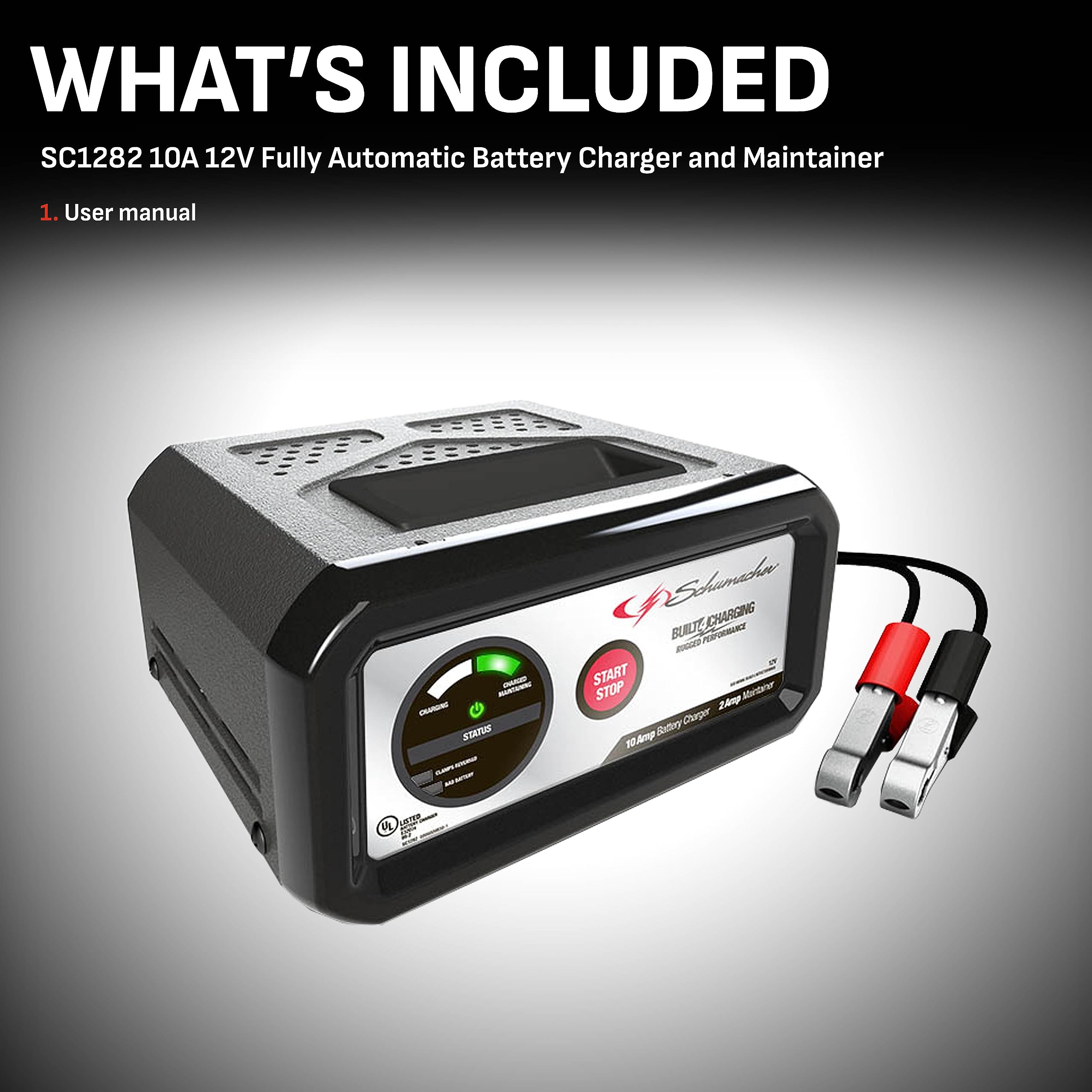 Schumacher SC1282 Fully Automatic Battery Charger 10A/2A 12V - Black for Automotive, Marine, and Power Sport Batteries