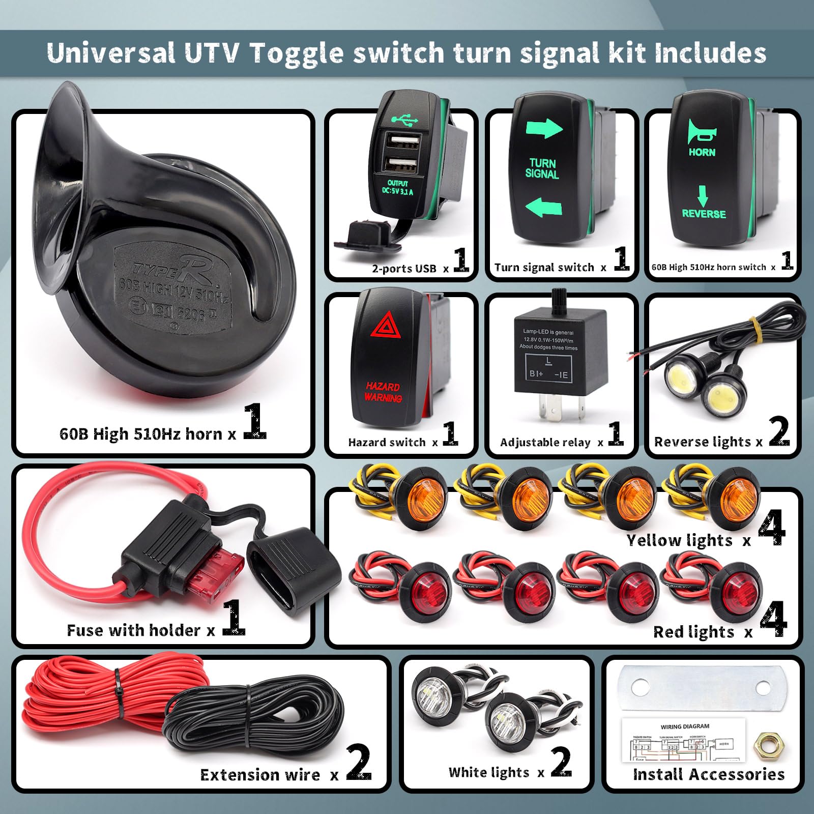 Universal Atv Utv Turn Signal Horn Kit,Street Legal Kit For Utv Rov Atv Golf Sxs Car With Rocker Switch 2 Ports Usb Relay Horn F