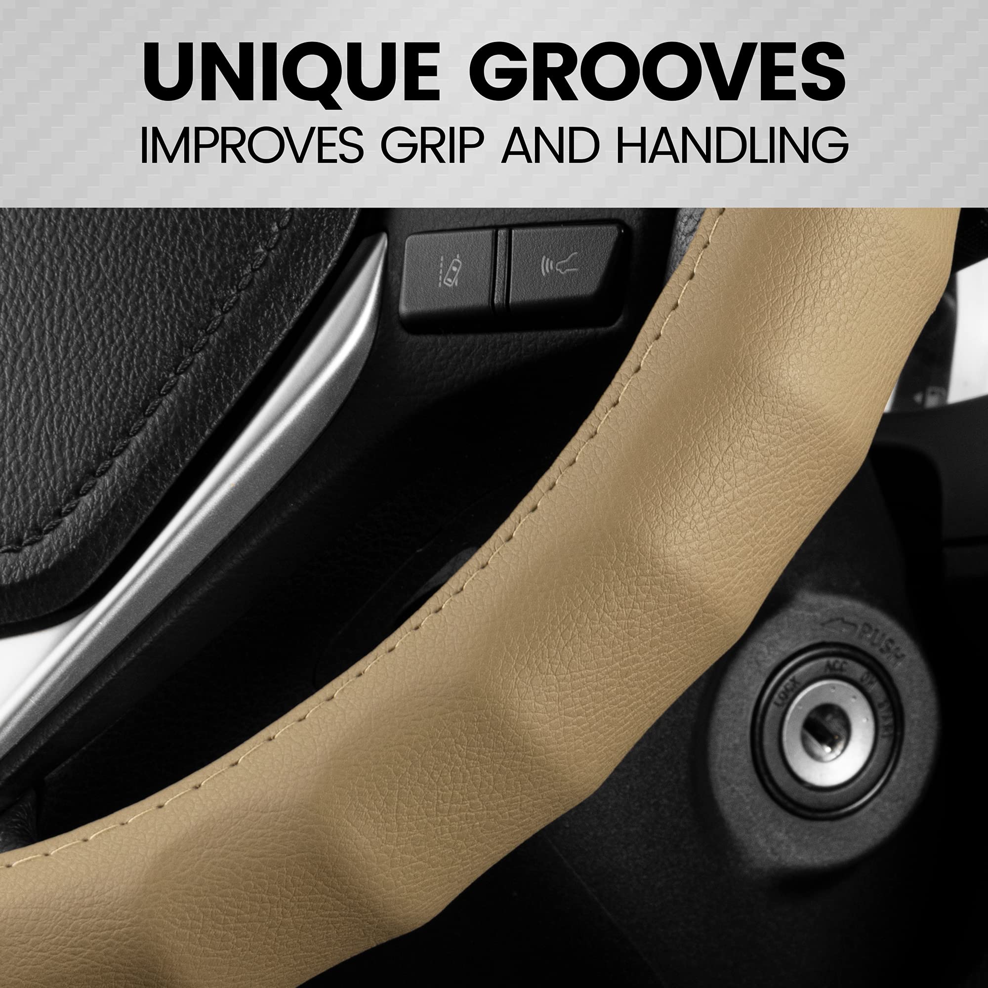 BDK Genuine Beige Leather Steering Wheel Cover for Car, Small 13.5-14 inch - Ergonomic Comfort Grip for Men & Women, Car Steerin