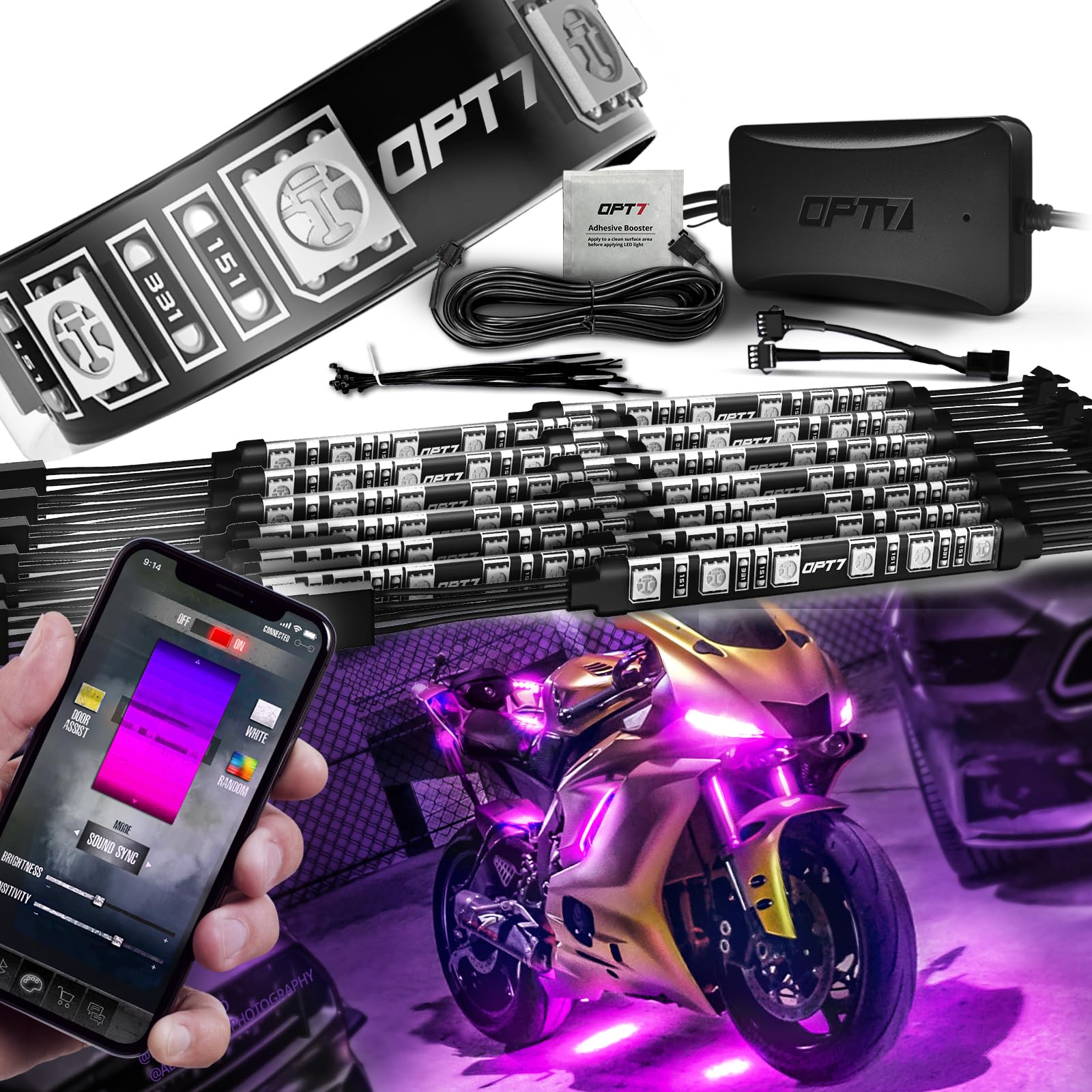 Opt7 Aura Pro Motorcycle Led Light Kit Smart Brake, Rgb Multi-Color Bike Underglow Neon Light Bluetooth App, Motorcycle Under Gl