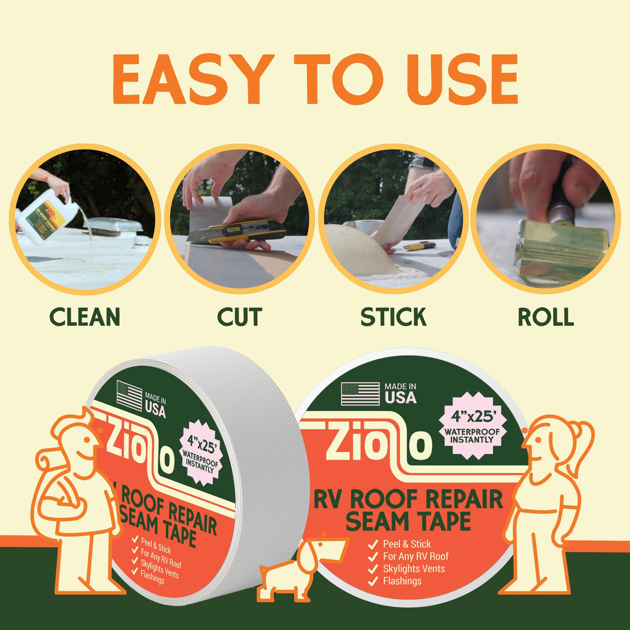Ziollo Rv Repair Kit With 2 X 10 Oz Of Self Leveling Caulking Lap Sealant & 1 Rv Roof Repair Seam Tape 4'' X 25' - Works On Epdm