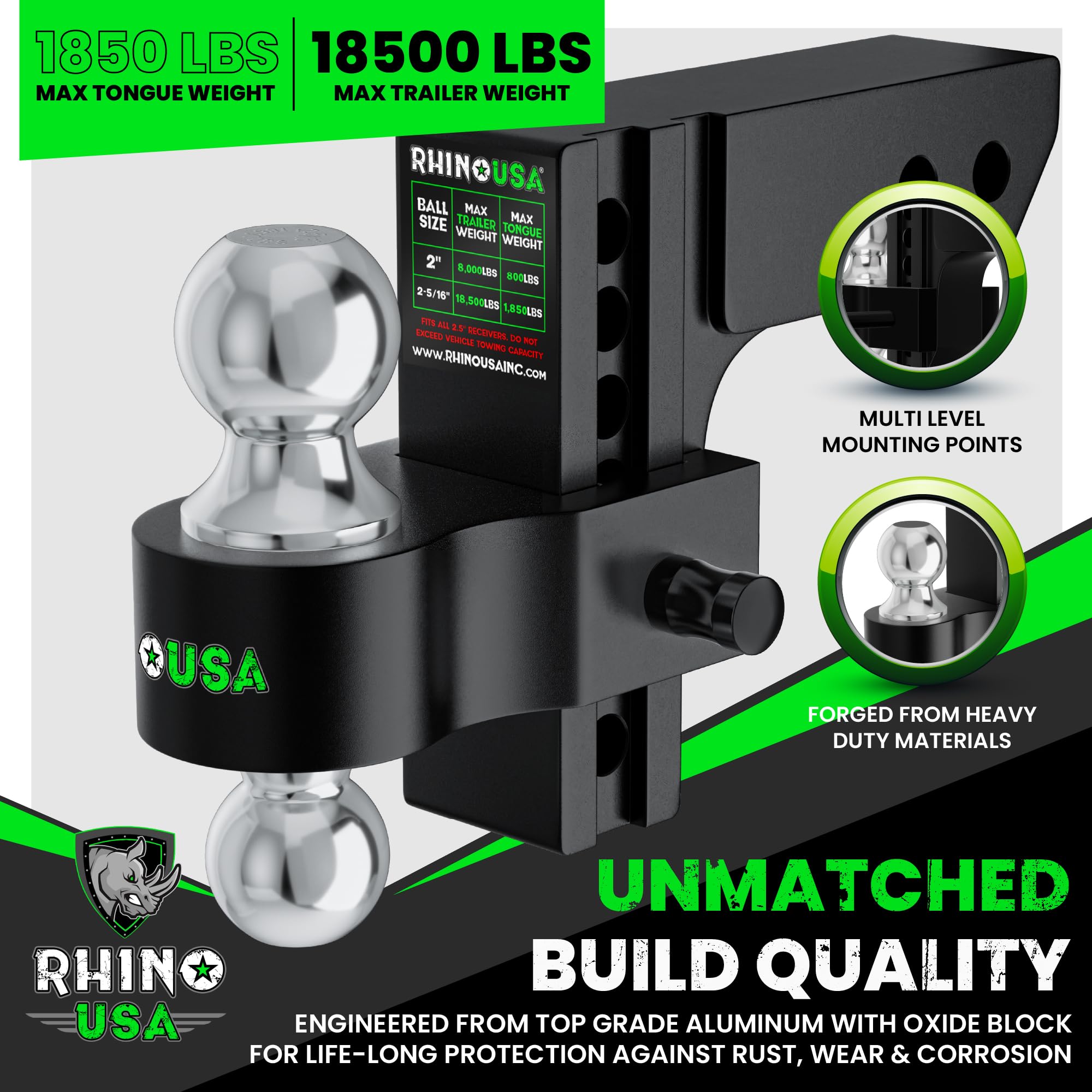 Rhino Usa Adjustable Trailer Hitch (2.5-Inch Receiver) - Heavy Duty Aluminum Tow Hitches With 8-Inch Drop/Rise For Truck (18,500