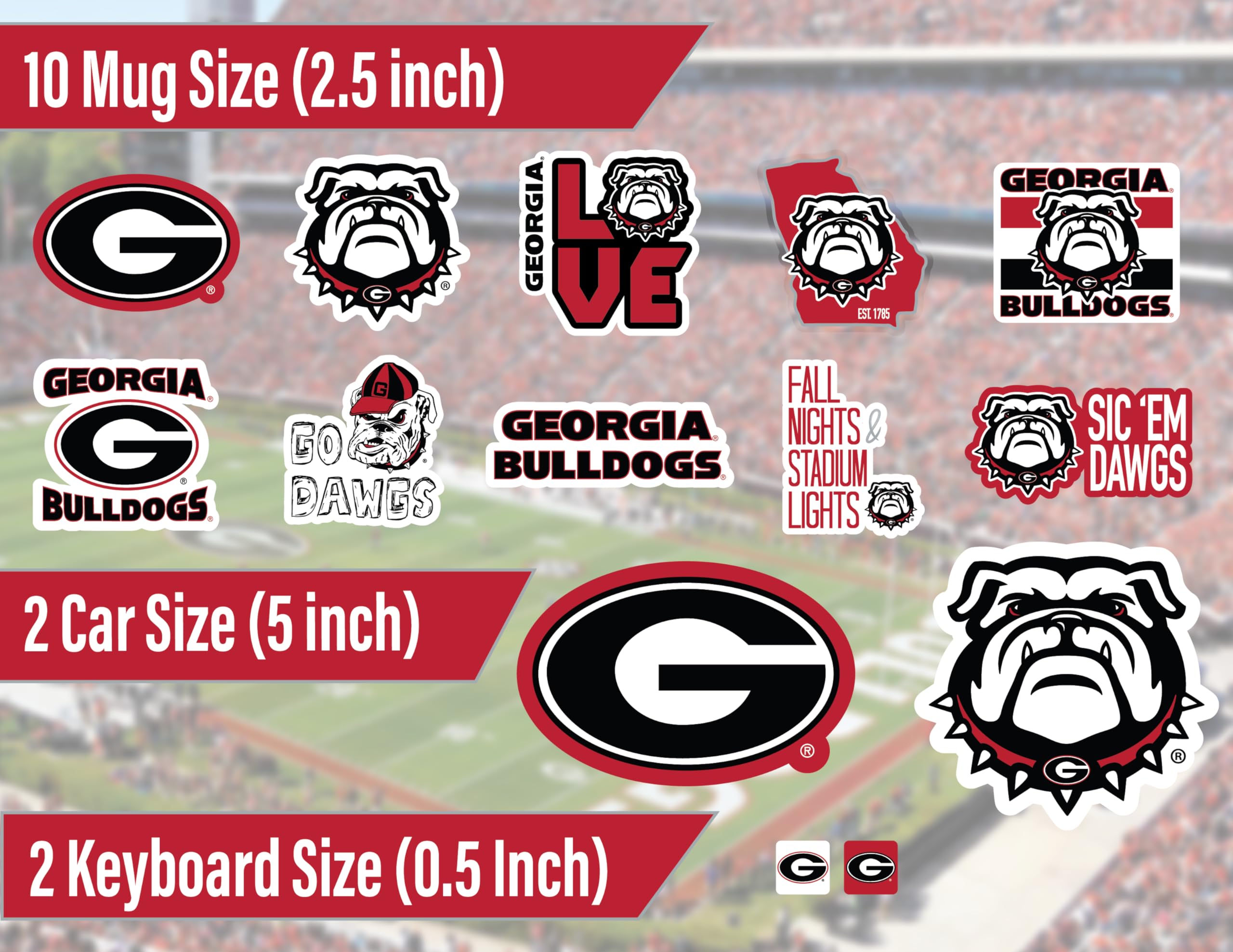 PartyKandy Georgia Bulldogs Stickers Set - 14 Vinyl Stickers (2 Large 5", 10 Medium 2.5", 2 Mini) - Team Colors for Cars, Laptops,