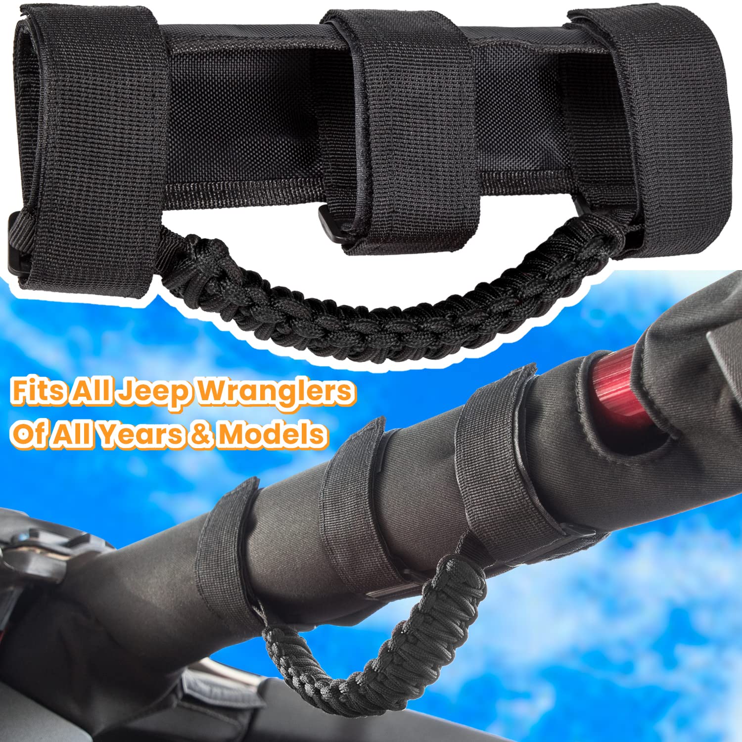 E-Cowlboy 4 X Roll Bar Grab Handles Grip Handle For Jeep Wrangler Yj Tj Jk Jku Jl Jlu Sports Sahara Freedom Rubicon Unlimited X Gladiator Jt 1955-2023 Utv Atv Premium Paracord (Black)