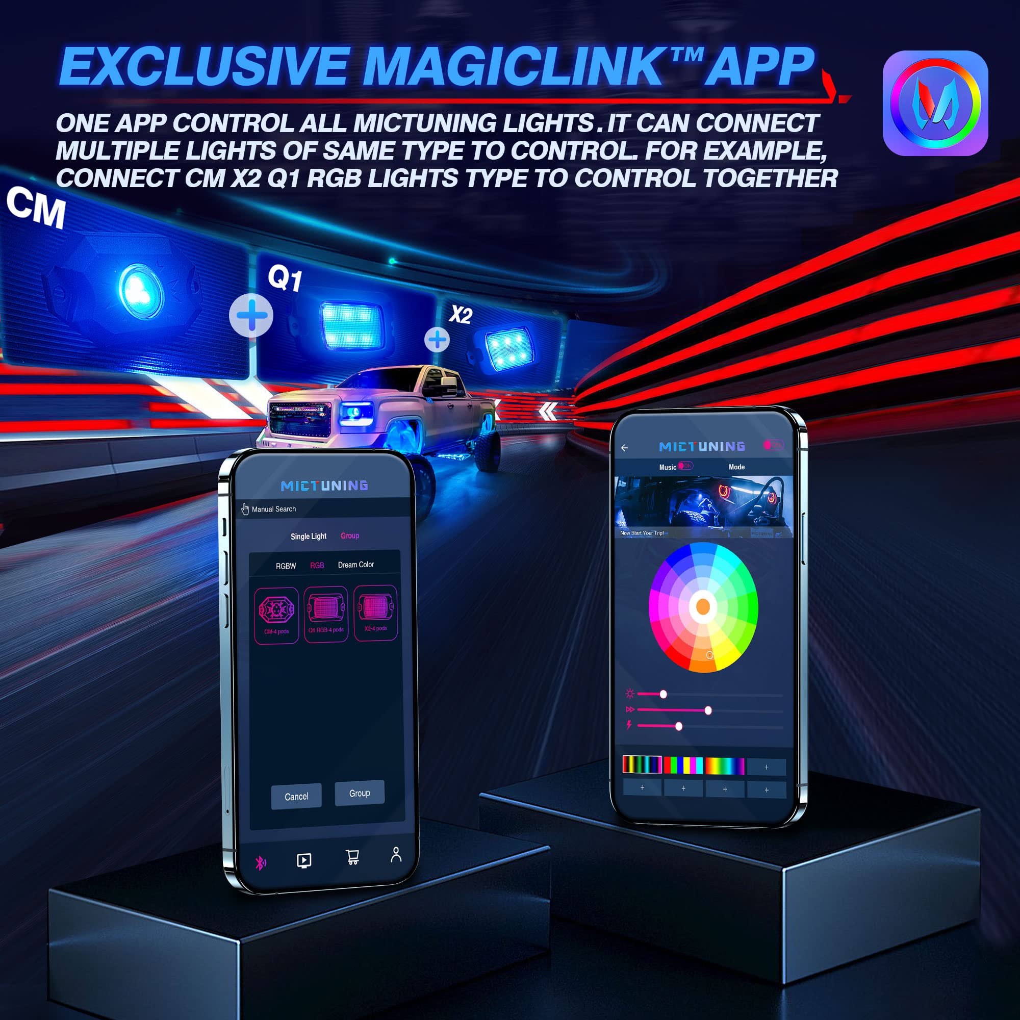 MICTUNING RGB LED Rock Lights - 4 Pods Multicolor with Bluetooth Control, Music Mode, Aluminum, Model 8542101658