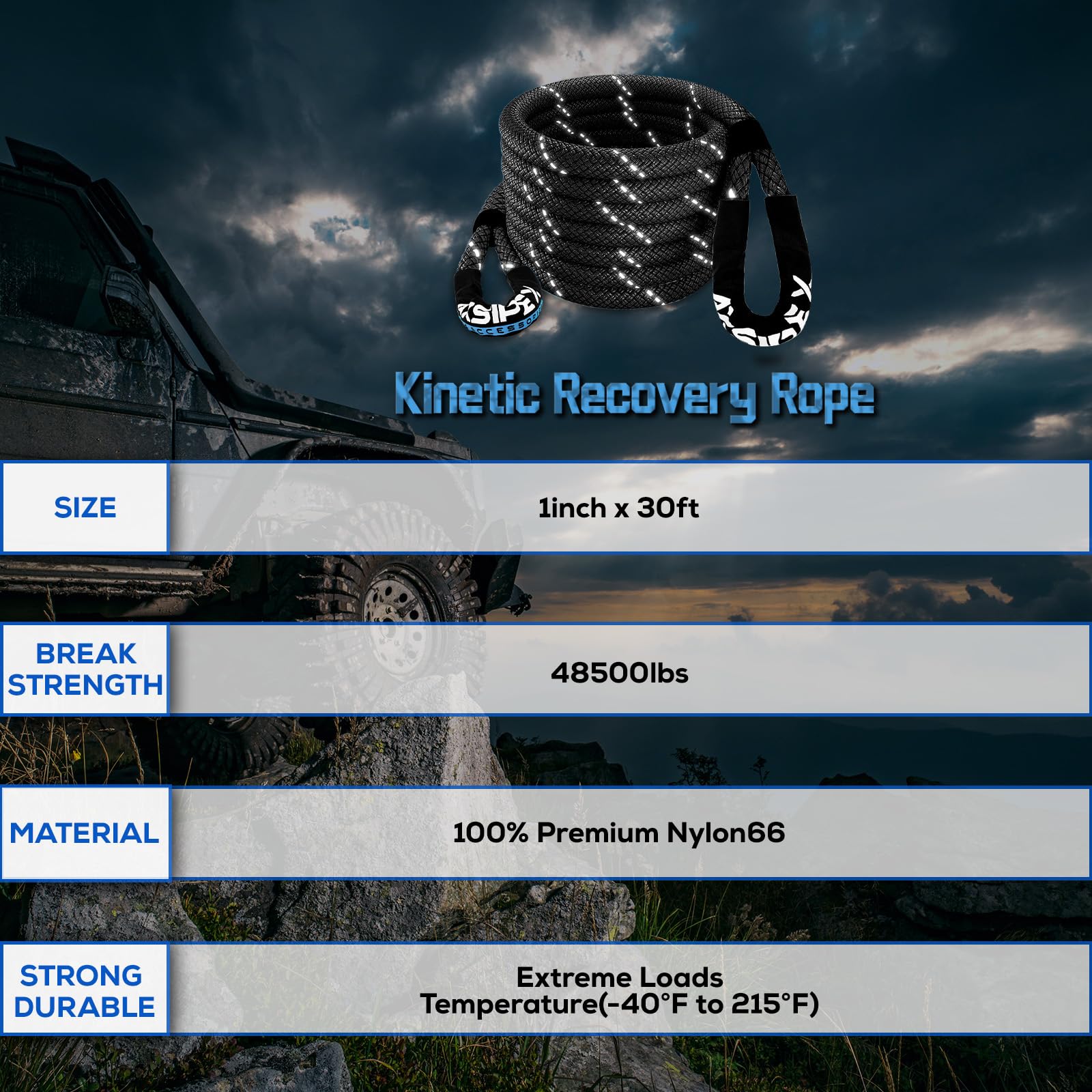 Axsipeix 1''  30Ft Kinetic Recovery Rope (48,500Lbs) Heavy Duty Offroad Kinetic Rope For Utv, Atv, Truck, Car (Black).