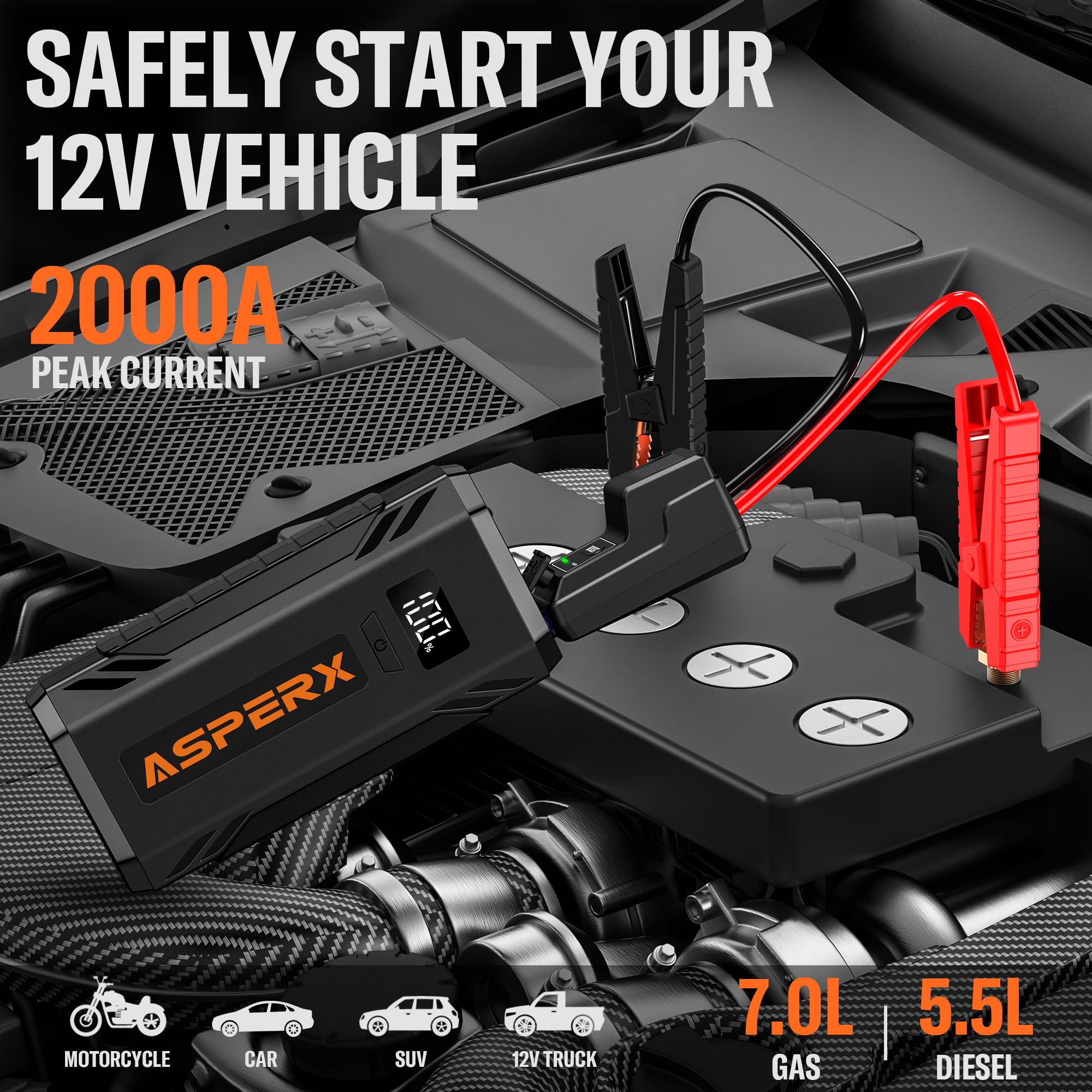 AsperX 2000A Car Jump Starter for 7.0L Gas/5.5L Diesel Engines, 12V Portable Power Pack with LCD Display, Black, Model AX-150