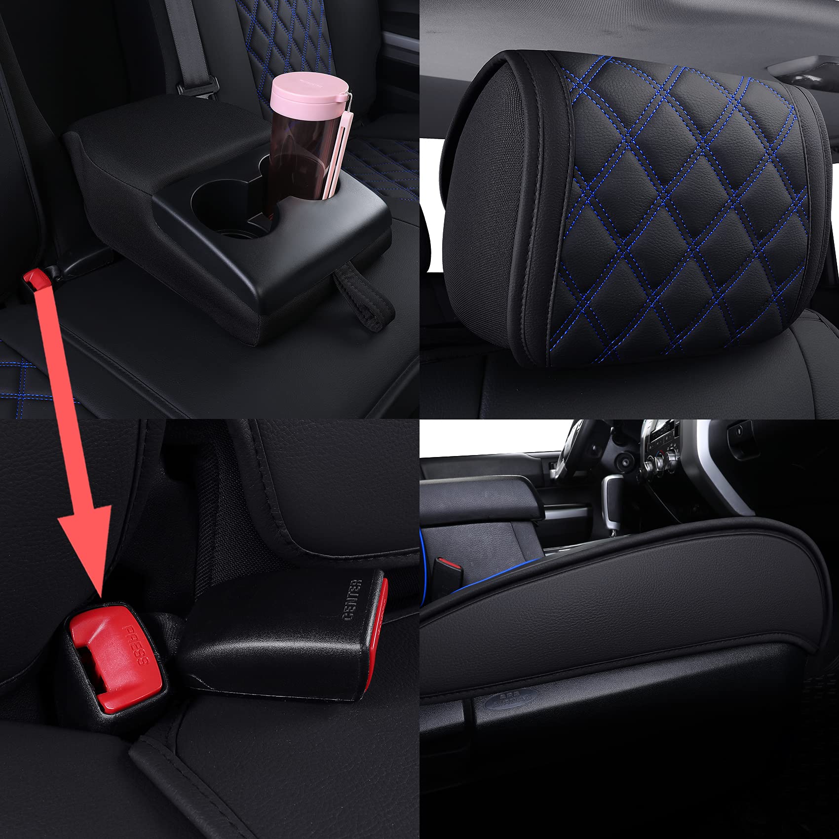 YIERTAI Truck Seat Covers, Faux Leather, 5 PCS Full Set, Waterproof, Compatible with 2008-2025 Toyota Tundra, Black-Blue