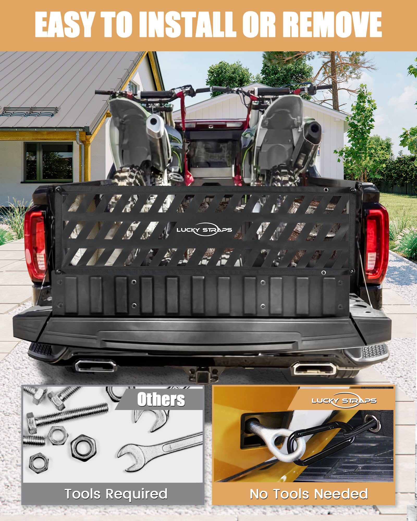 Lucky Straps Tailgate Net for Pickup Truck Bed, 60'' x 18'' Heavy Duty Cargo Netting for Full Size Truck, Easy-to-use Mesh for C