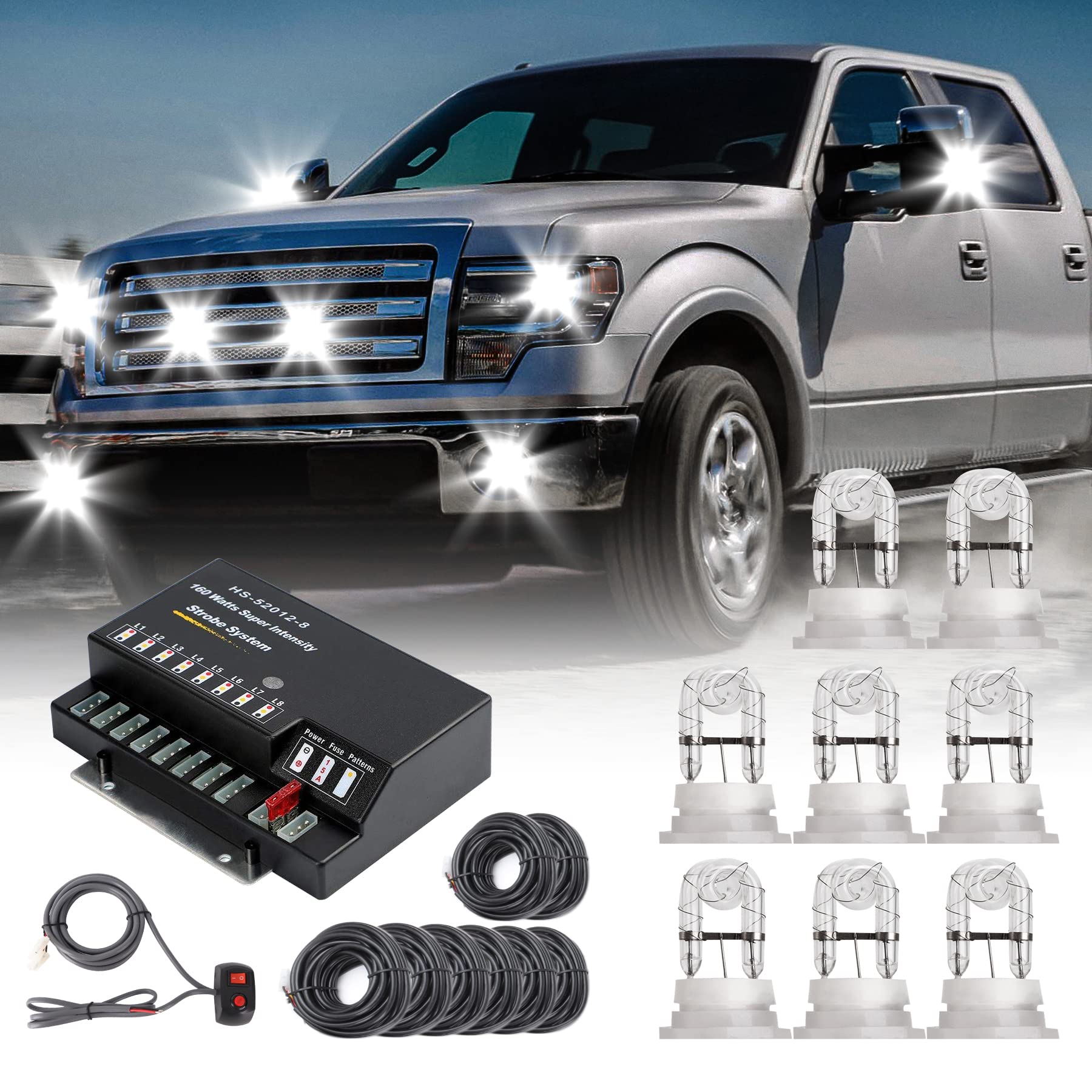 SMALLFATW Hideaway Strobe Lights Kit 8 HID Bulbs 13 Flashing Mode Memory Recall Function, 16 Feet Power Cord with Controller, Em