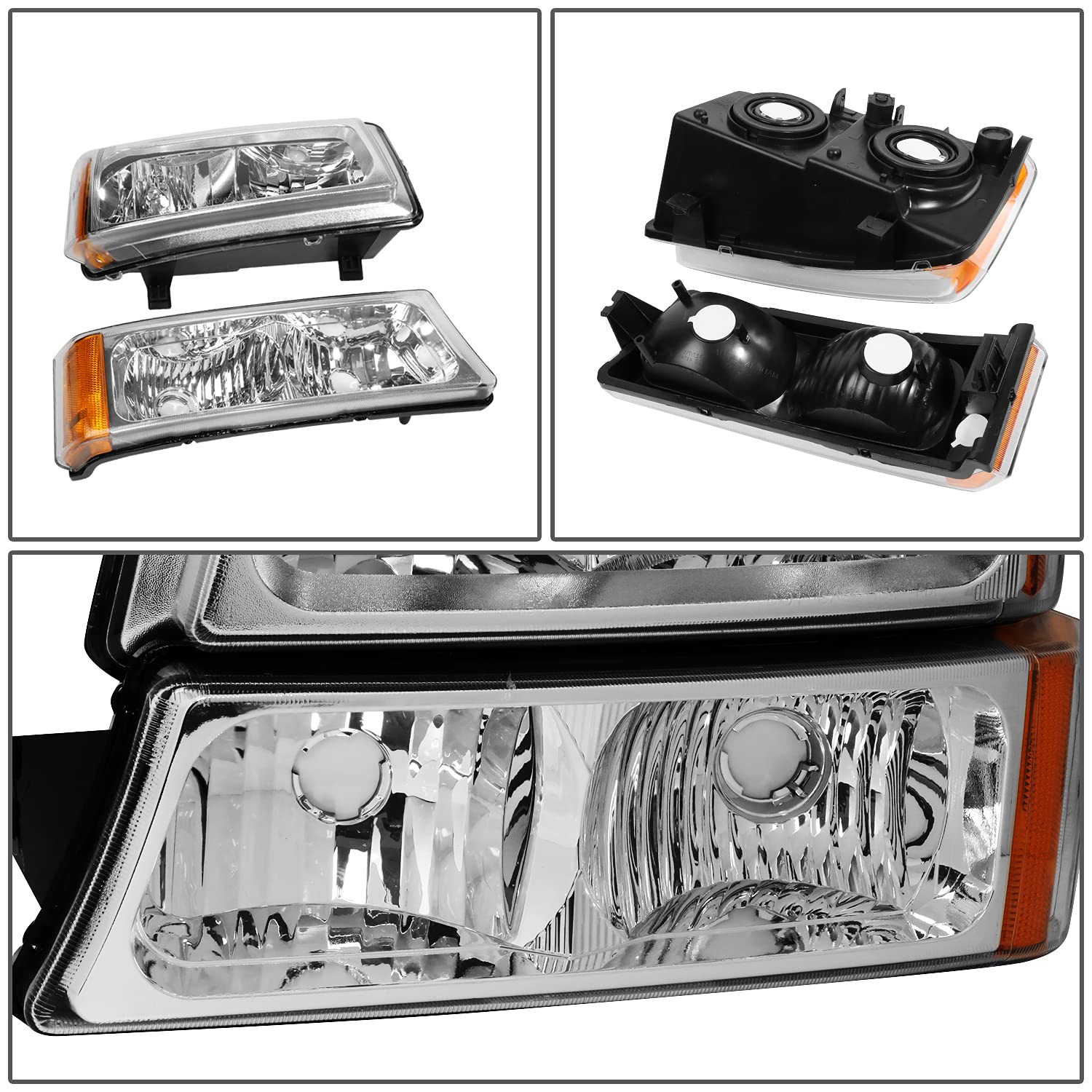Dna Motoring Hl-Oh-Cs03-4P-Ch-Am Chrome Amber Headlights Compatible With 2003-2006 Chevy Silverado/Avalanche Fit Models Without