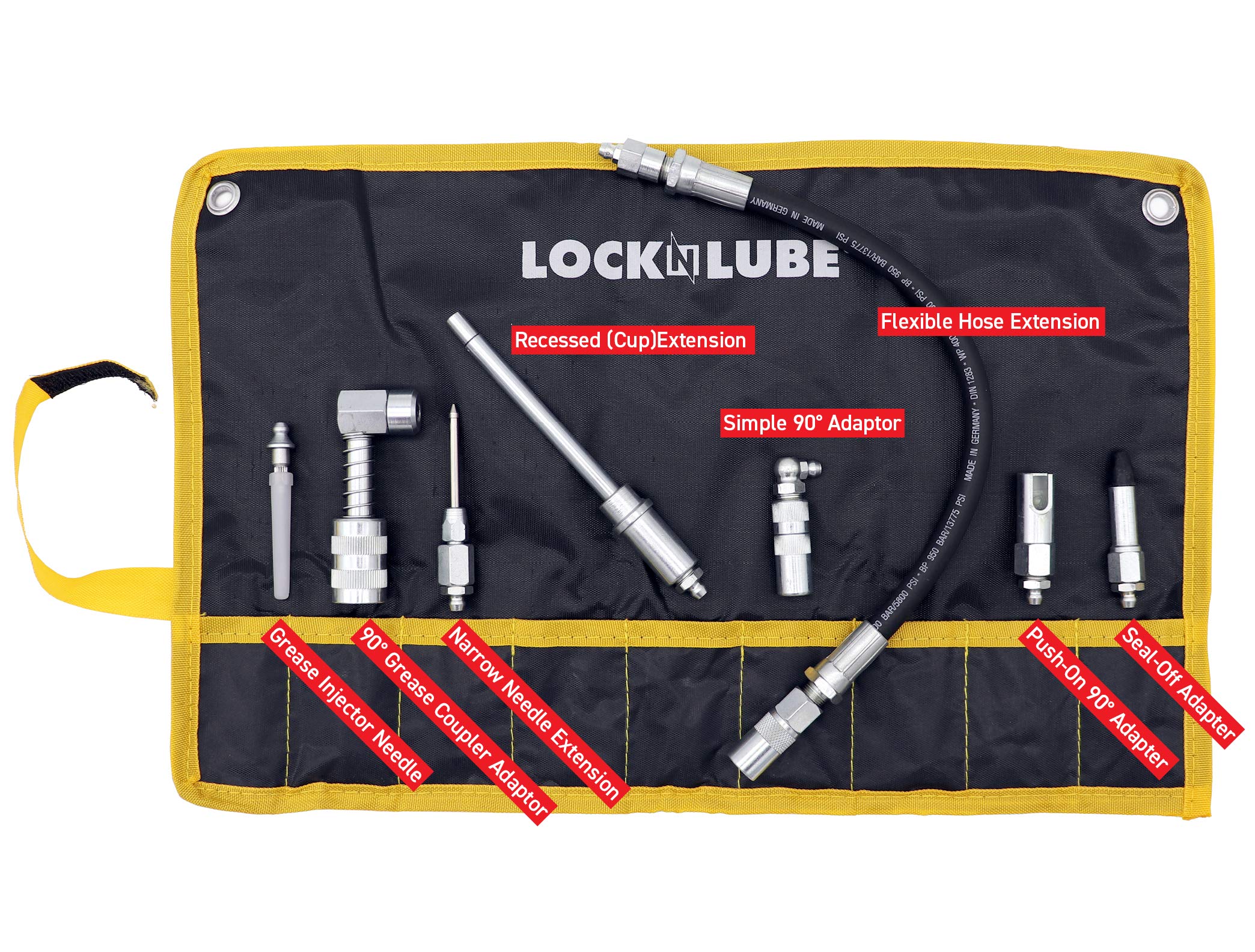 LockNLube 8-Piece Quick Connect Greasing Accessory Kit - Model LNL210 for Easy Grease Fitting Access on Any Machine