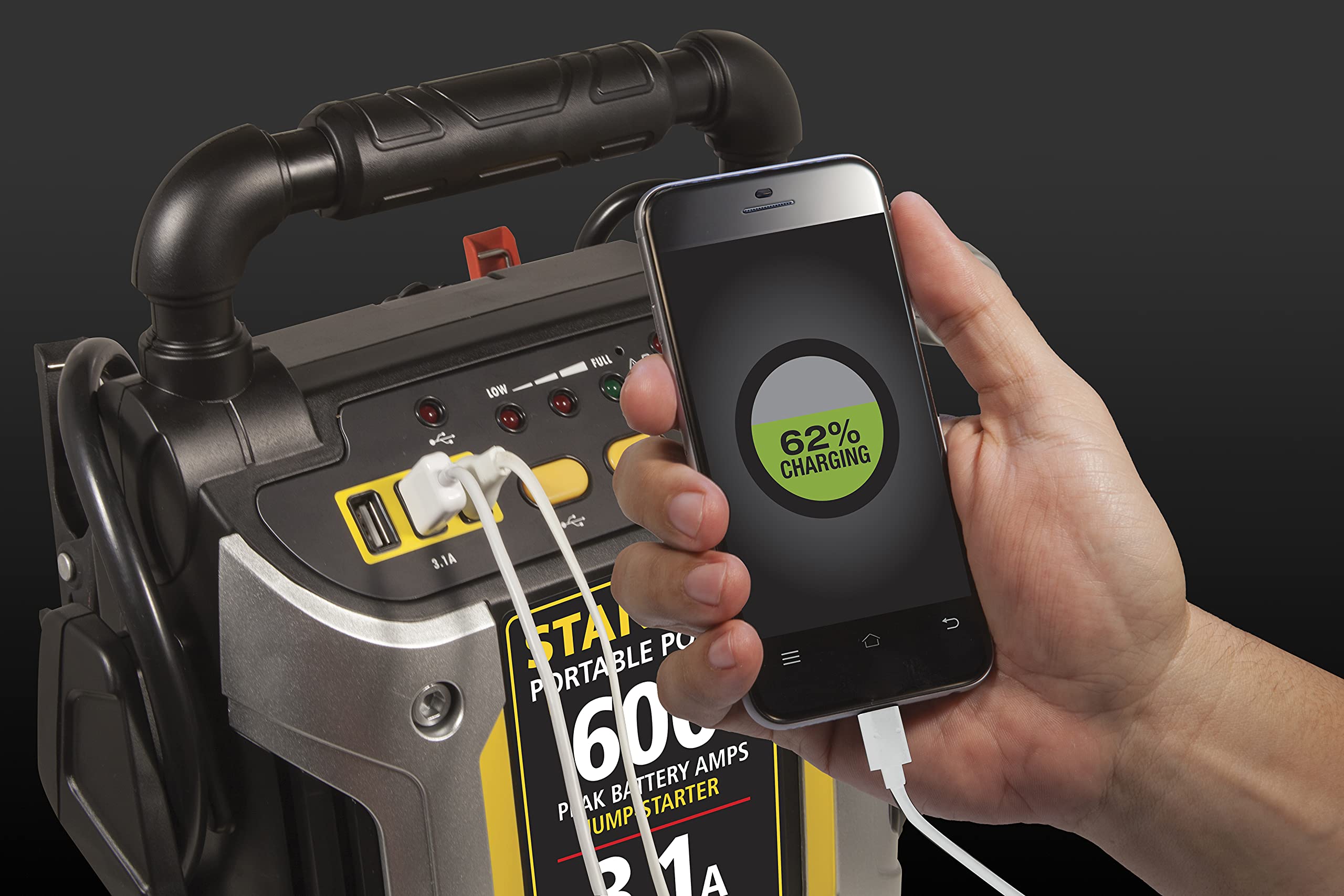 STANLEY J309 Portable Power Station Jump Starter, 600 Peak Amp, 3.1A USB Ports, Battery Clamps
