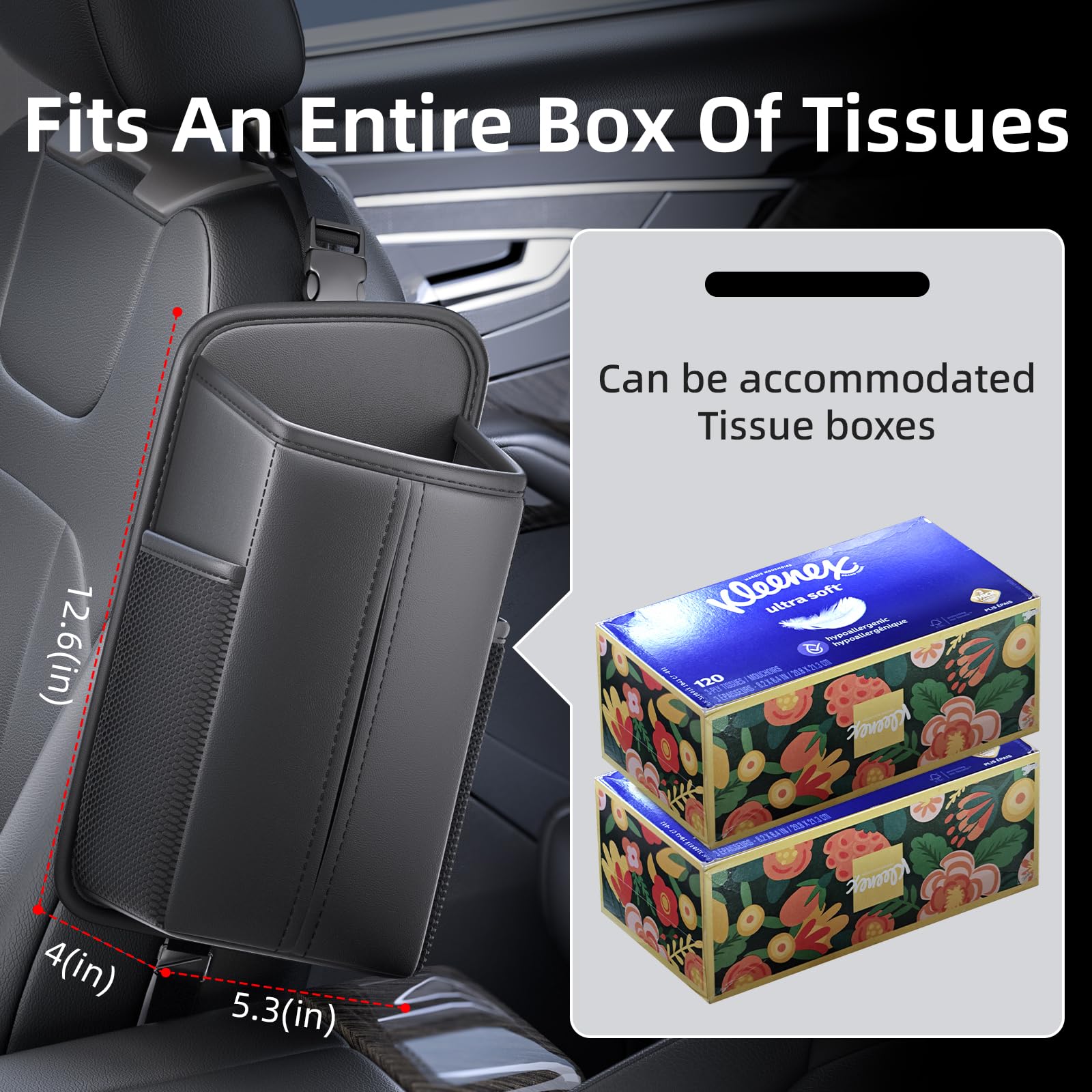 KEQMILAD Kleenex 120 Count Tissue Holder - Rectangular Car Seat Storage Box With Mesh Bag, Hanging Bag, Practical Accessory - Bl