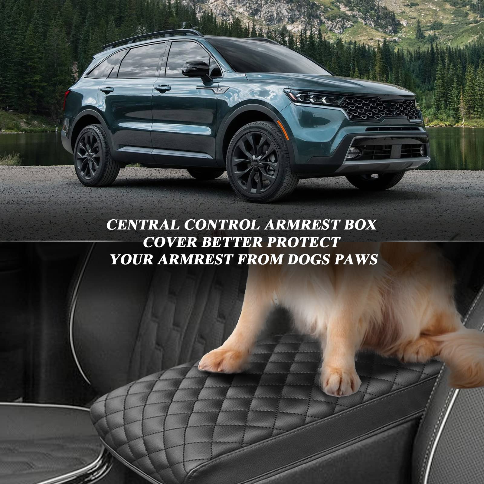 BIBIBO Center Console Armrest Cover for 2021-2026 Kia Sorento, Black Leather Cushion Protector