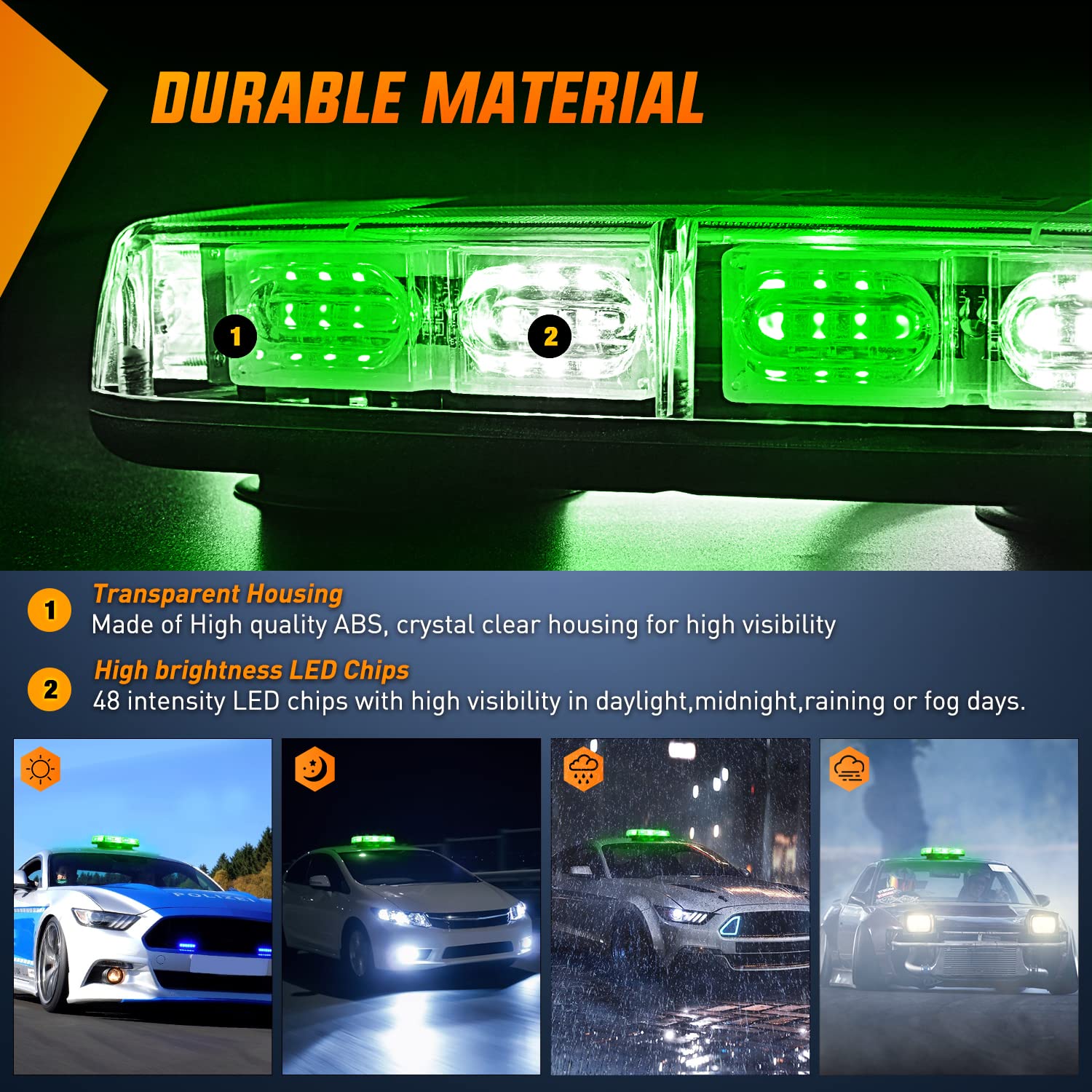 Nilight 12" Roof Top Strobe Lights - 48LED Emergency Hazard Light for 12V/24V Cars & Trucks, Green Mix White, Model 48-35GW