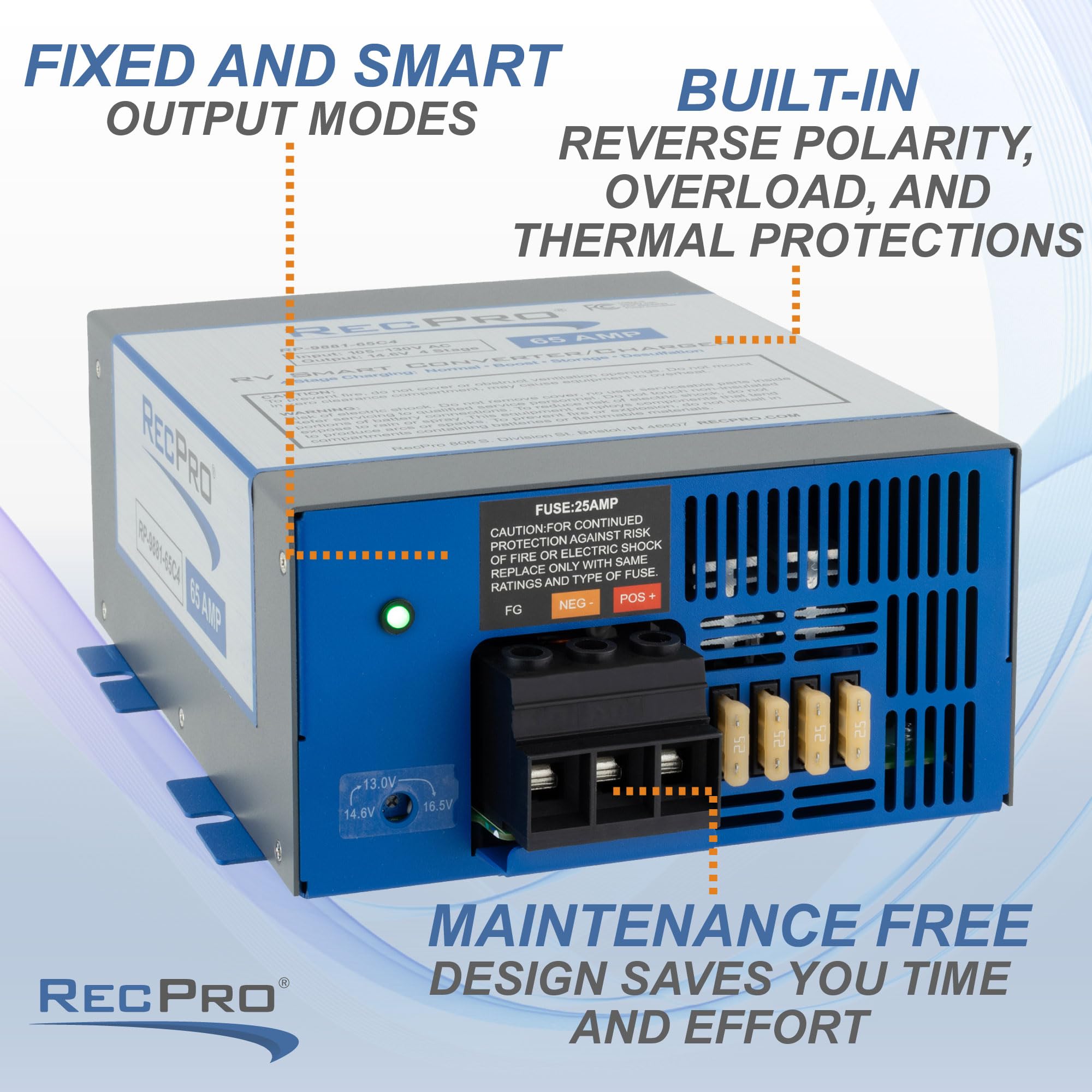 RecPro RV Converter - 60-Amp Battery Charger, 120VAC to 12VDC, 13V-16.5V Range, Ideal for RV Power Needs