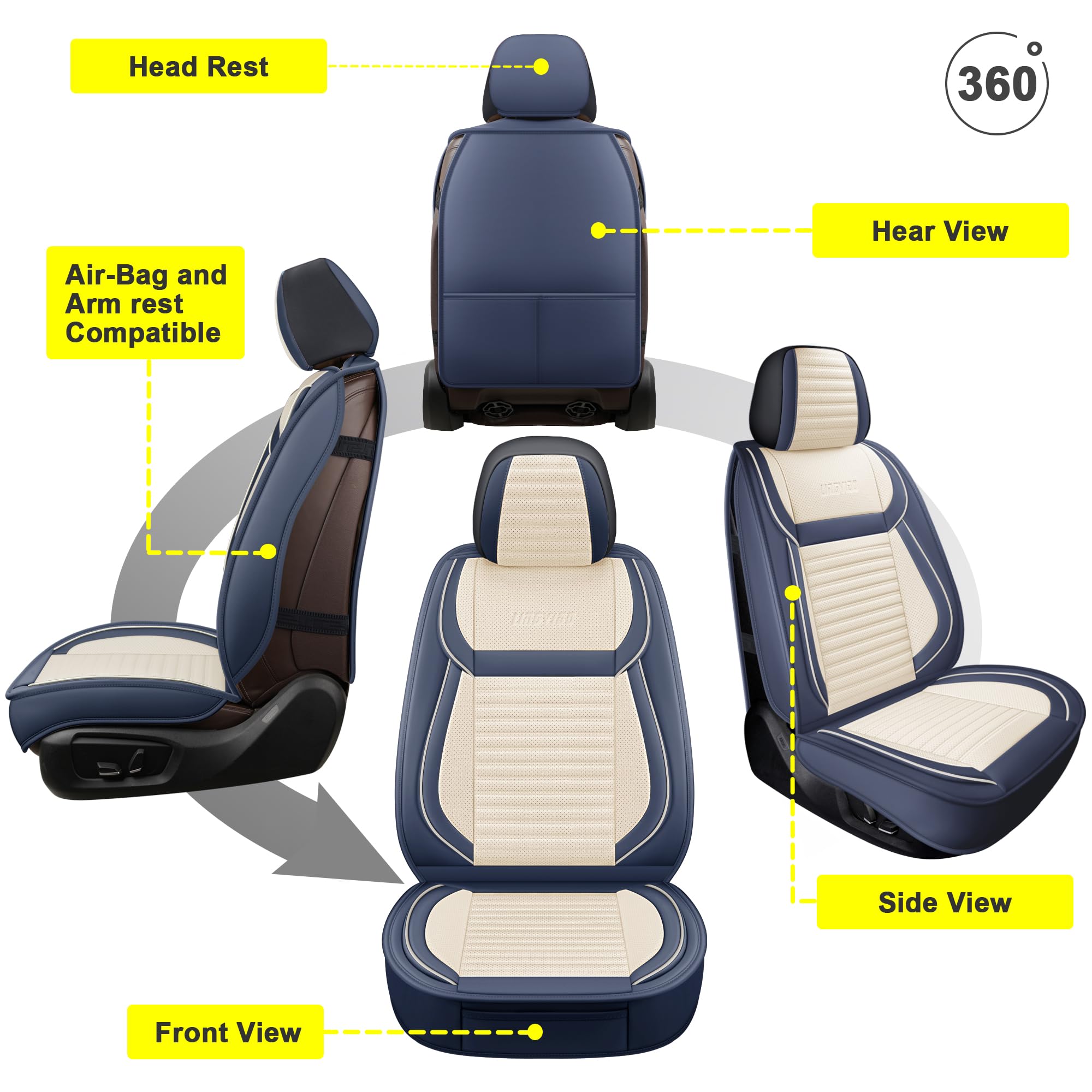 LINGVIDO Universal Car Seat Cover - Breathable Waterproof Faux Leather, Full Set, White & Blue, Model Lingzhu01