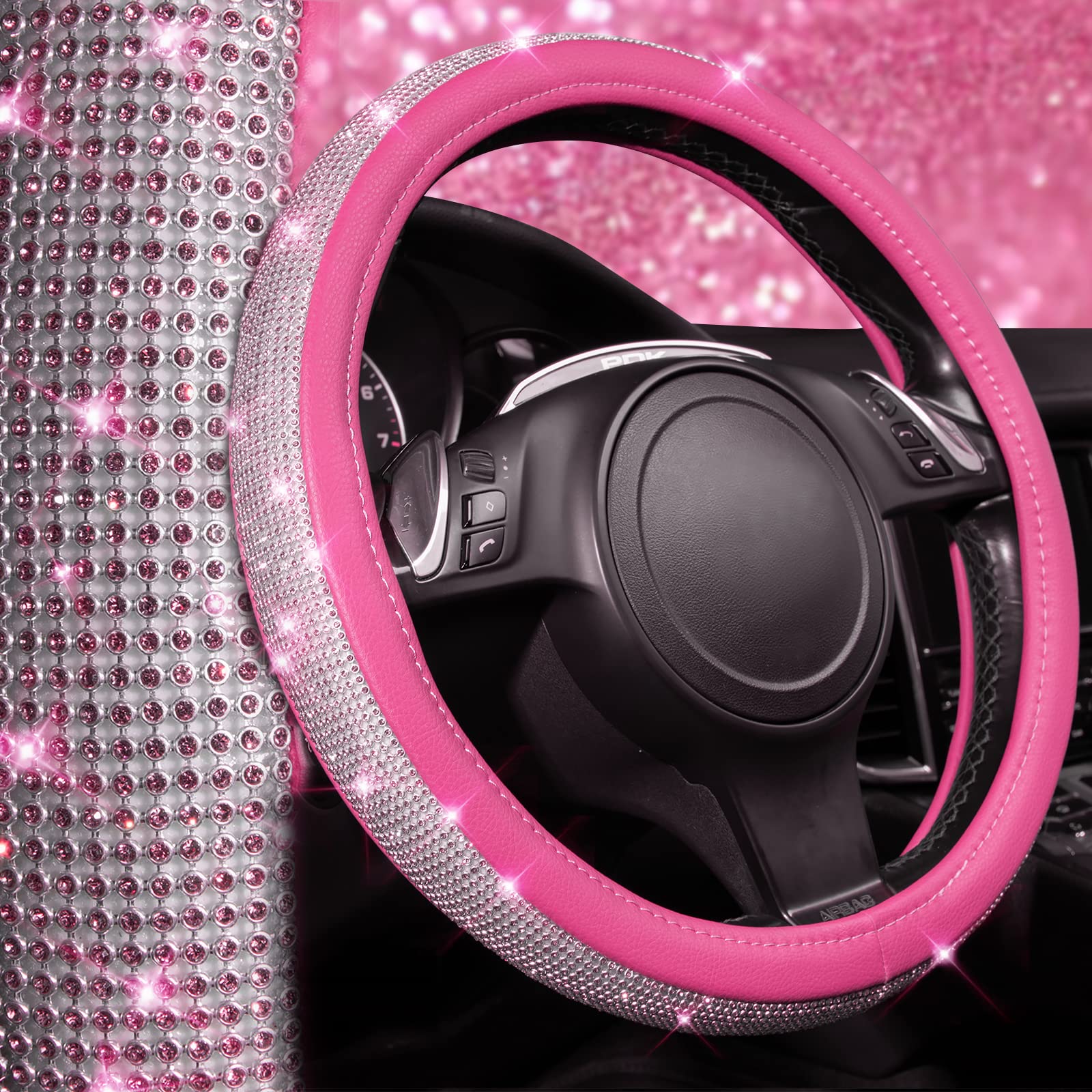 CAR PASS Diamond Pink Leather Steering Wheel Cover, Bling Crystal Rhinestones, Universal Fit 14.5"-15", for SUVs, Vans, Sedans, Trucks