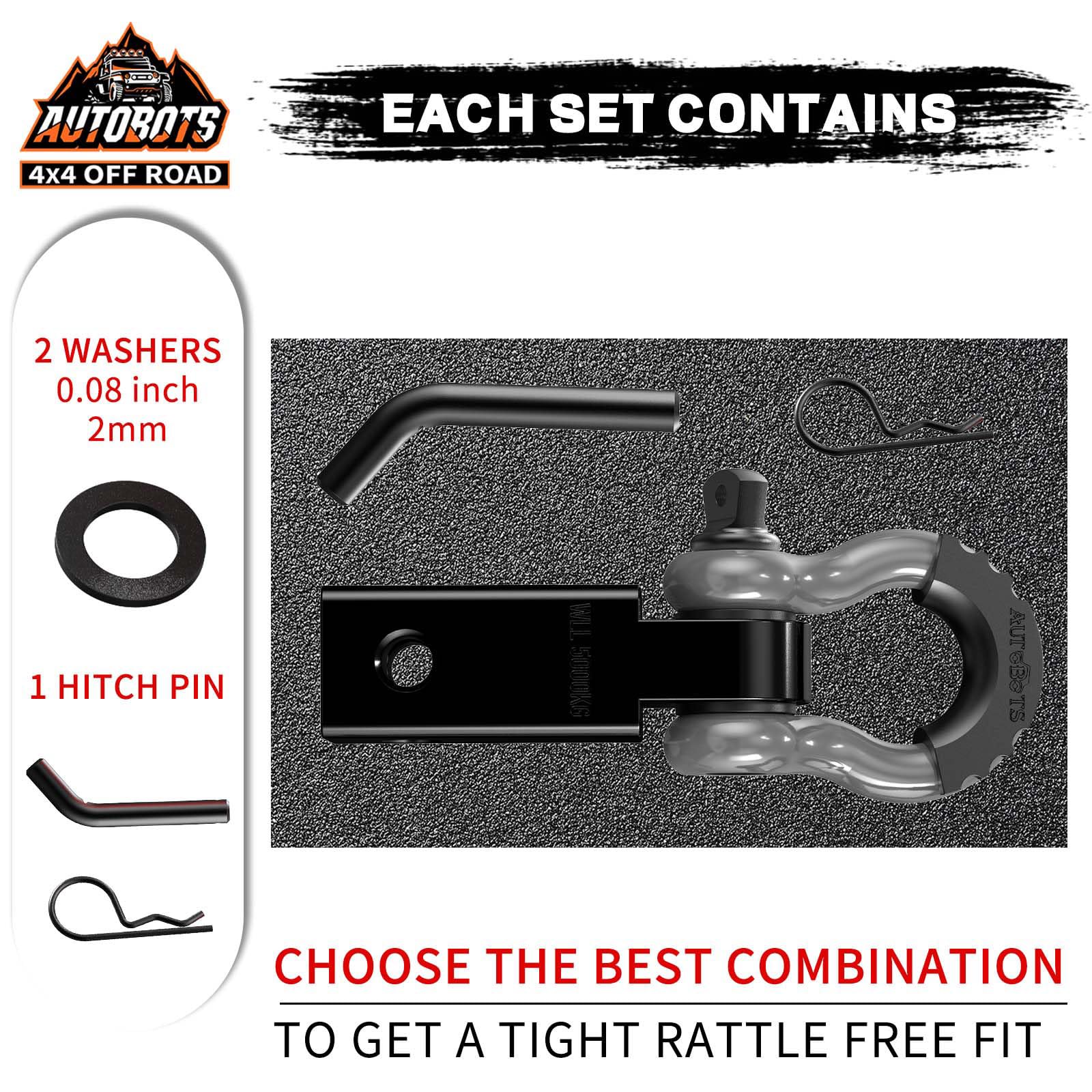 AUTOBOTS Tow Hitch Receiver 2'', 45,000 Lbs Break Strength Shackle Hitch Receiver with 5/8'' Screw Pin, 3/4 Shackle, Towing Acce