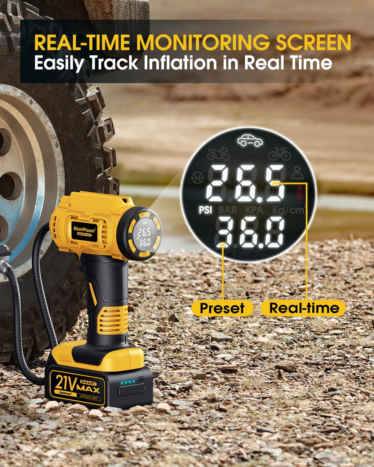 KeenPower Cordless Tire Inflator Portable Air Compressor, 160PSI Car Tire Air Pump, 21V Rechargeable Battery Powered Air Compres