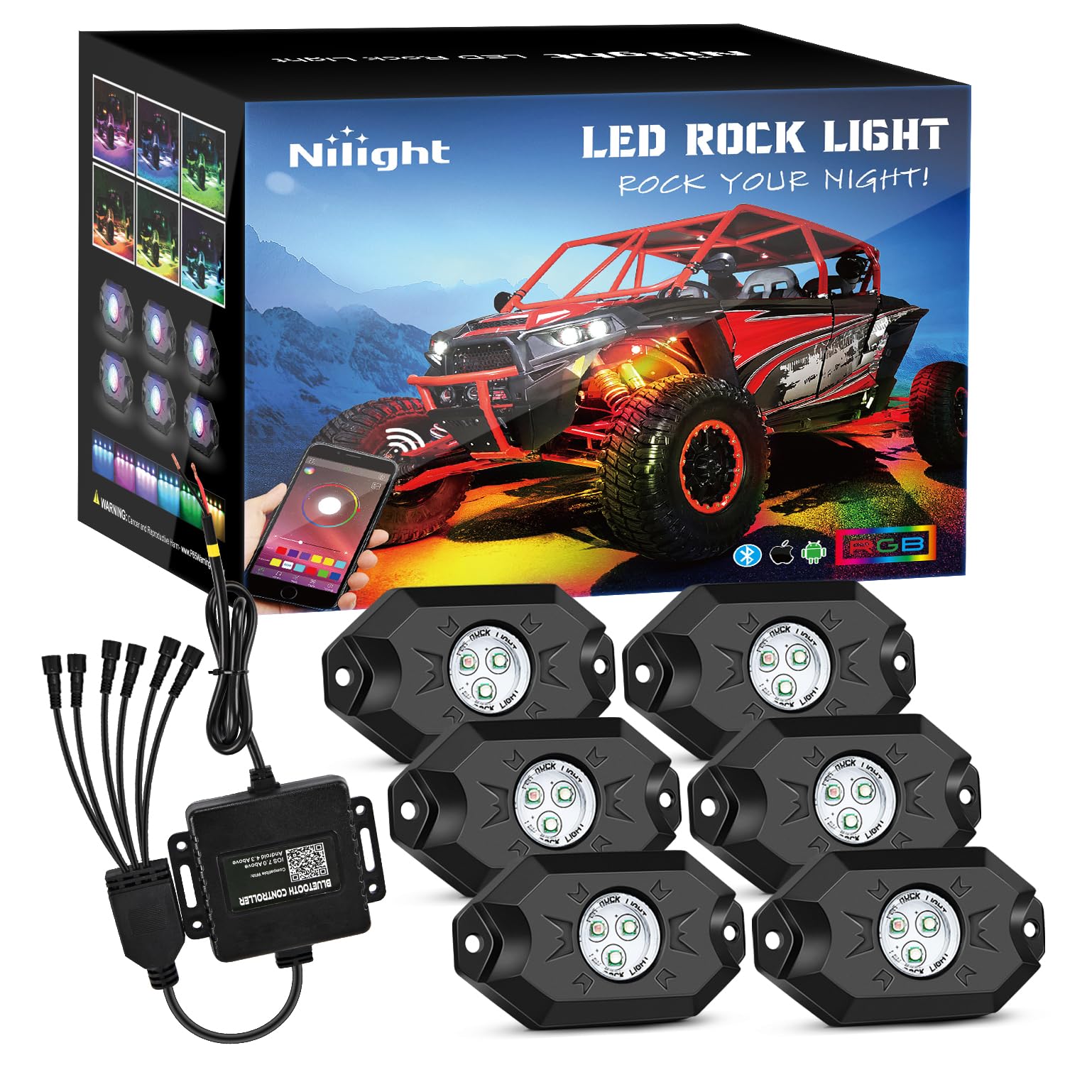 Nilight Rgb Led Rock Lights Kit, 6 Pods Underglow Multicolor Neon Light Pod With Bluetooth App Control Flashing Music Mode Ip68